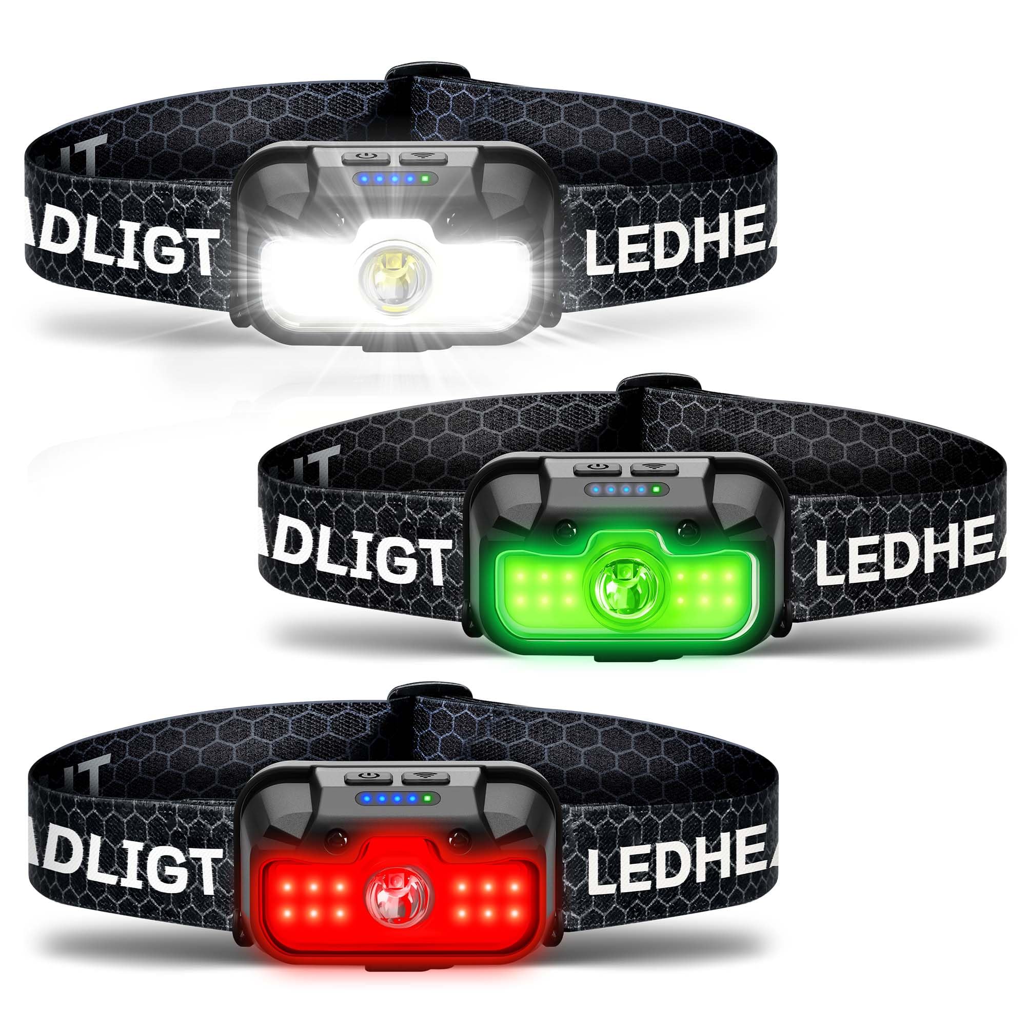 HOKOILN 3-Pack LED Headlamp Rechargeable with Green & Red Light -1300 Lumen Ultra-Bright Flashlight for Camping  Running  Hiking  Fishing - Waterproof Motion Sensor Headlight with 7 Modes