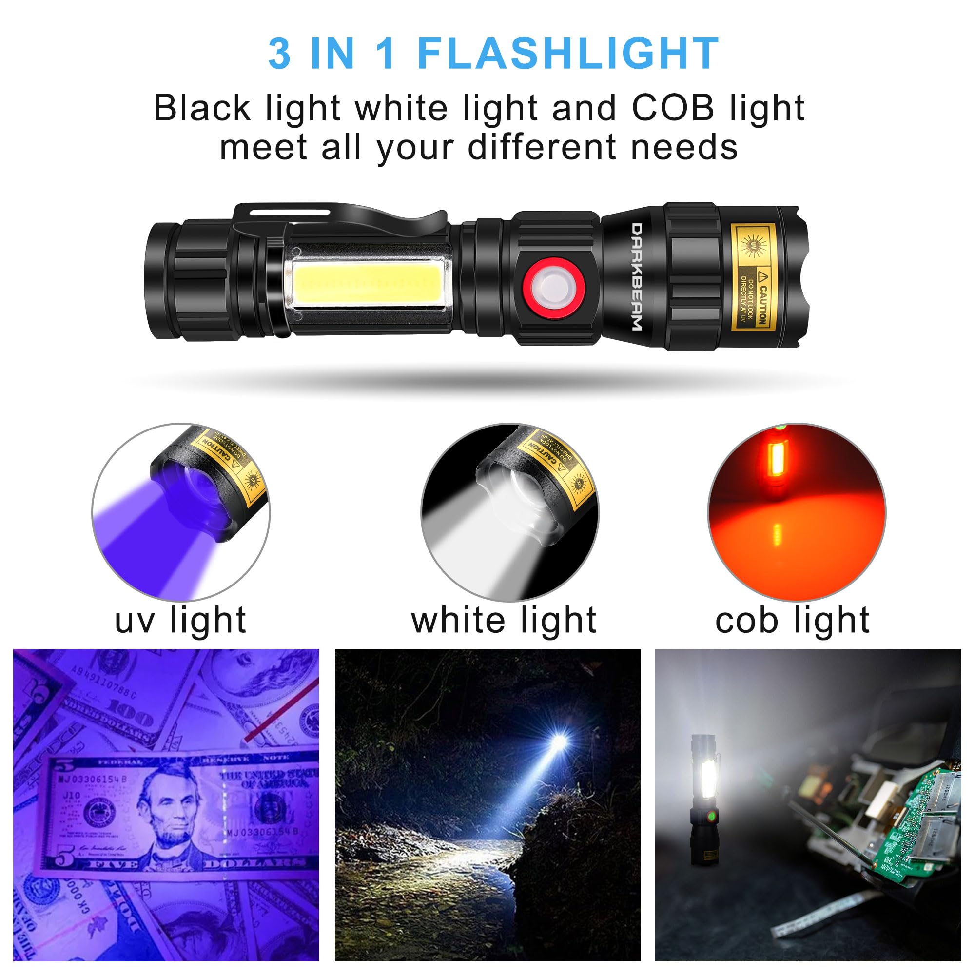 DARKBEAM UV 365nm Flashlight USB Magnet Rechargeable Woods Lamp LED Ultraviolet Blacklight, Detector for Pet Ringworm Cat Urine