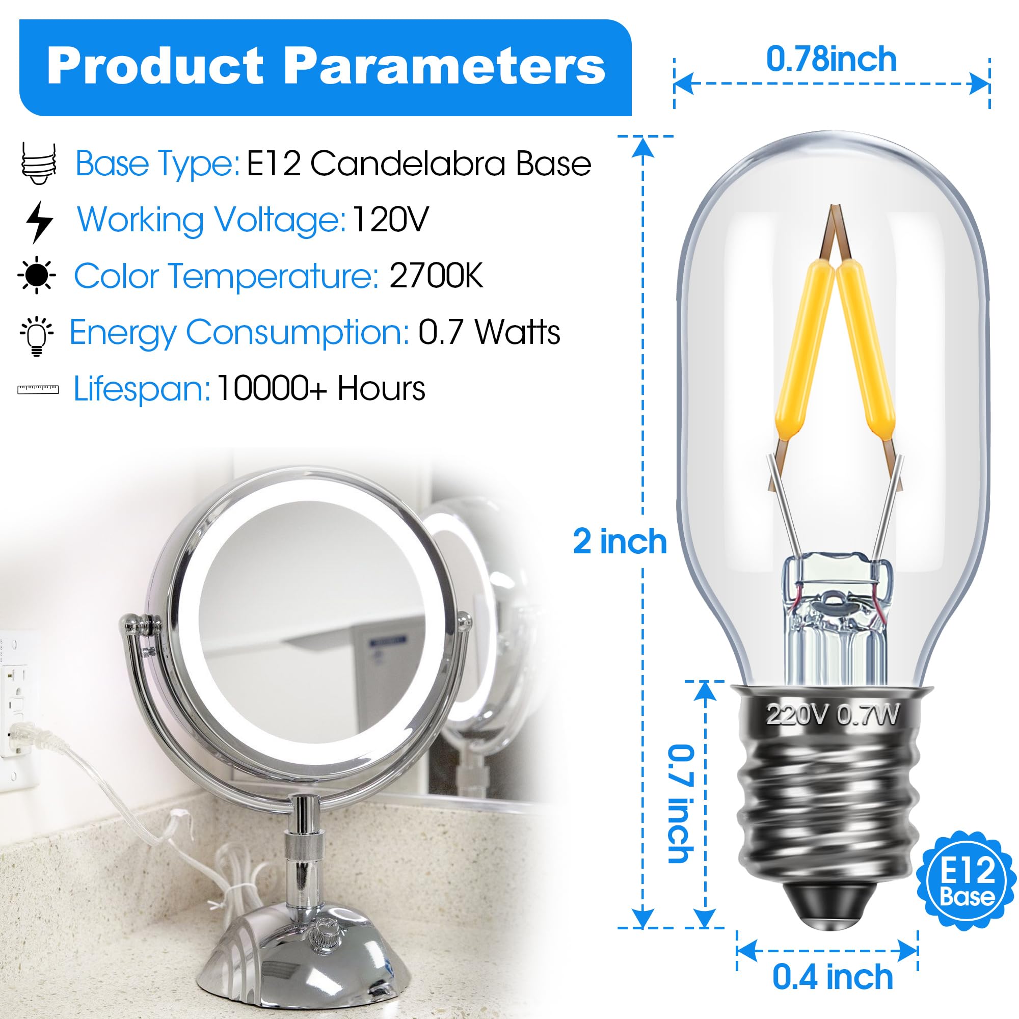 Glooglitter E12 Base T20 Makeup Mirror LED Bulbs, 0.7W 120V, Clear and Blue, Compatible with BE66/BE67 Series (4 Pack)