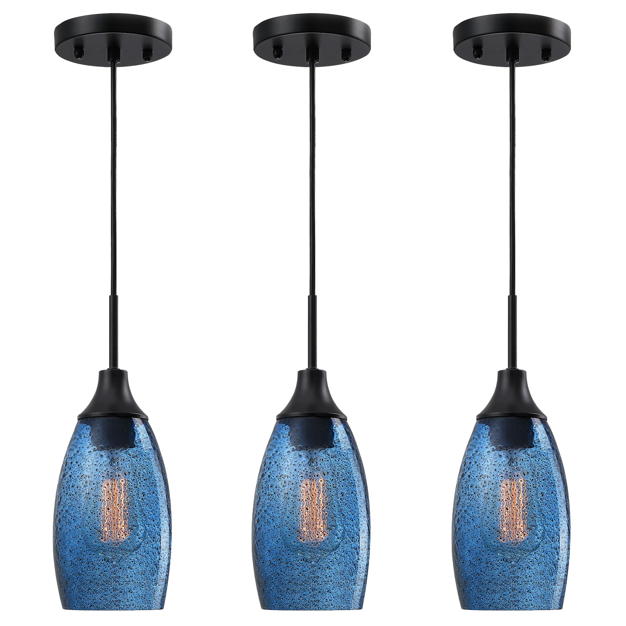 Viinew Mini Glass Pendant Light,4.72'' Dark Blue Glass Hanging Light 3-Pack Handblown Clear Blue Seeded Shade Adjustable Cord Ce
