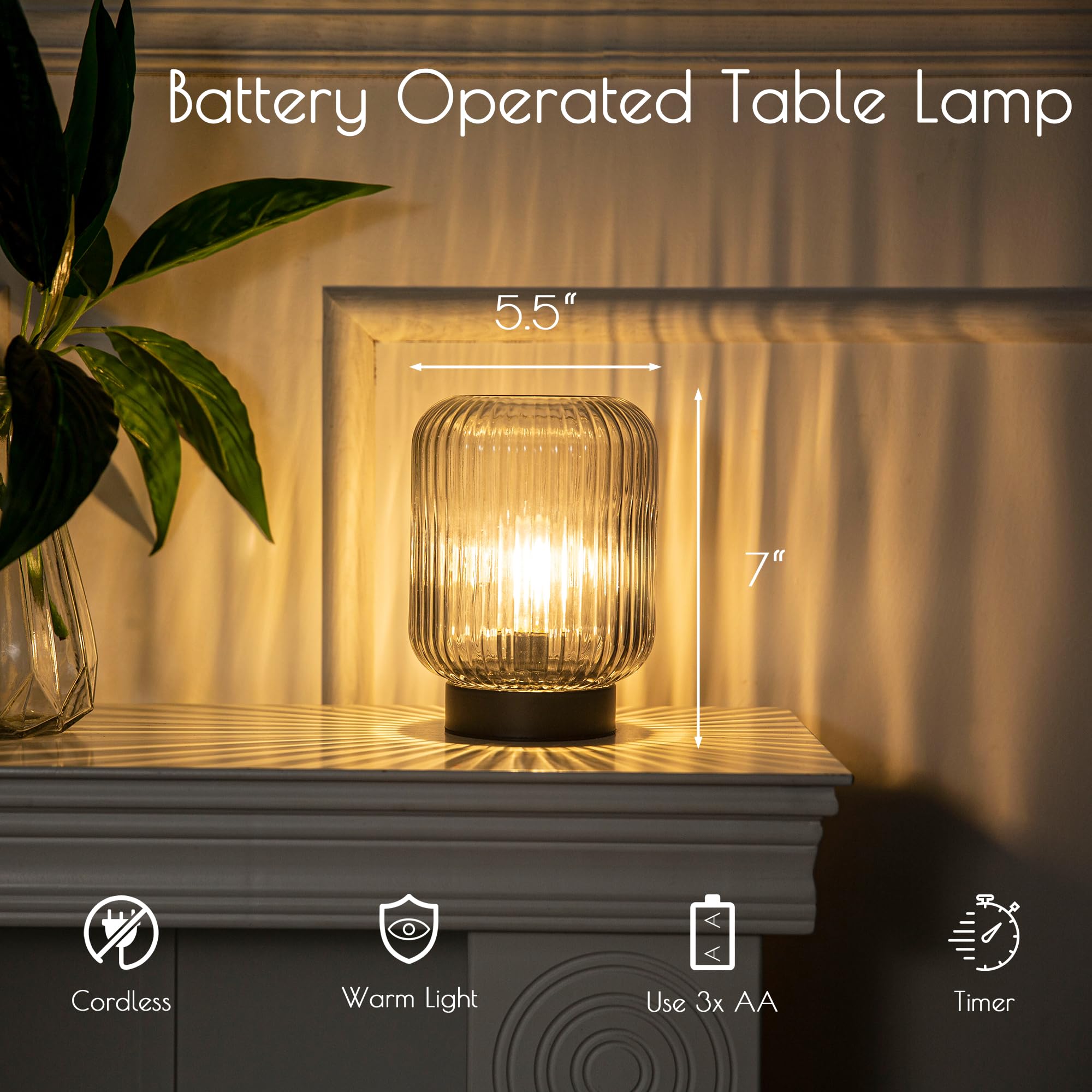 LUSHARBOR Battery Operated Table Lamp, Cordless LED Glass Lamp for Bedroom & Living Room, Light Gray, Model C220060