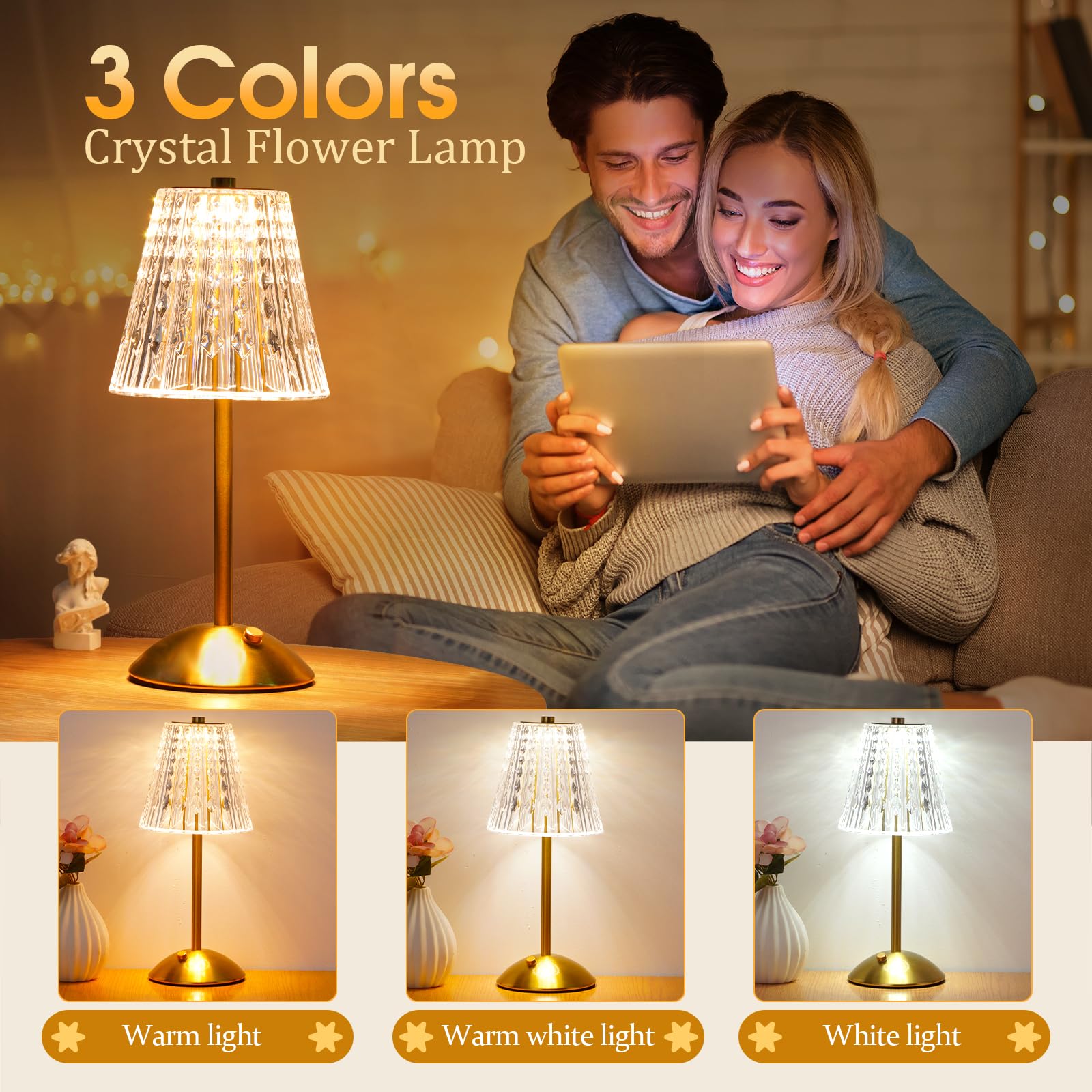 Nusogon Touch Dimmable Portable Cordless Lamp - 3 Colors, Rechargeable Metal Gold Vintage Design