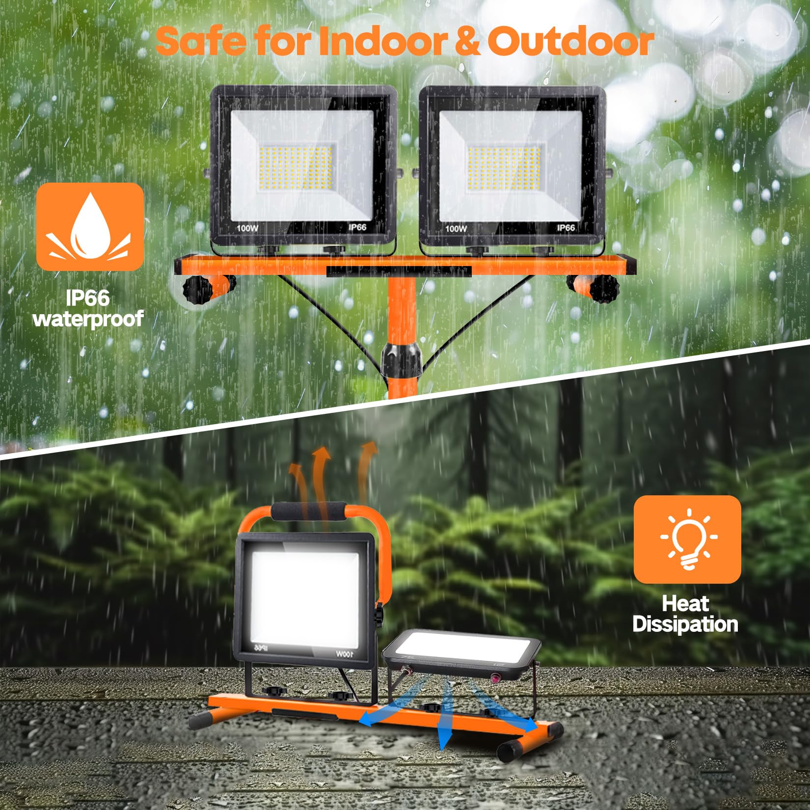 21000 Lumen Work Lights With Stand, 2 Adjustable Head Led Work Light, With Adjustable And Foldable Tripod Stand, Waterproof Lamp With Individual Switch With 6500 Kelvin Color Temperature