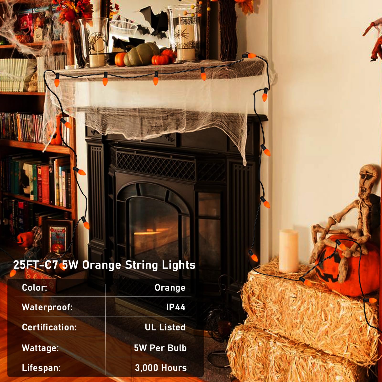 C7 Halloween Orange String Lights 25Ft Outdoor String Lights With 27 5W Orange Glass Bulbs(2 Spare), Halloween Connectable String Lights For Patio Garden Roofline Backyard Decorations, Black Wire