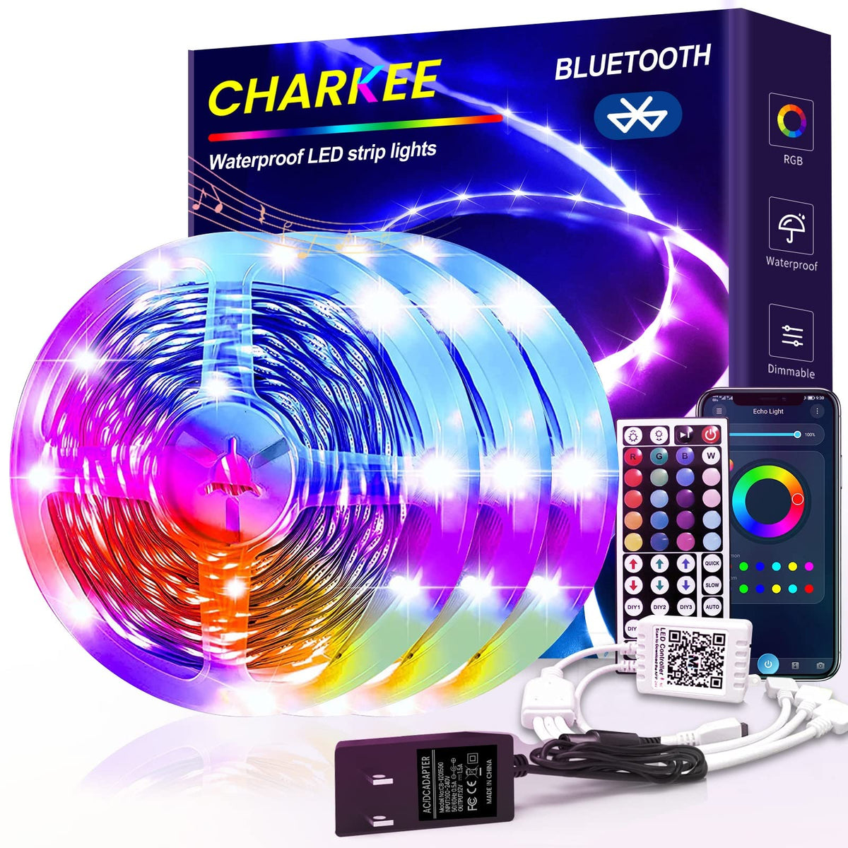 Charkee 100Ft Ip65 Bluetooth Led Strip Lights Waterproof Outdoor Tape Lights With Remote Bluetooth Smart App 5050 Rgb Color Chan