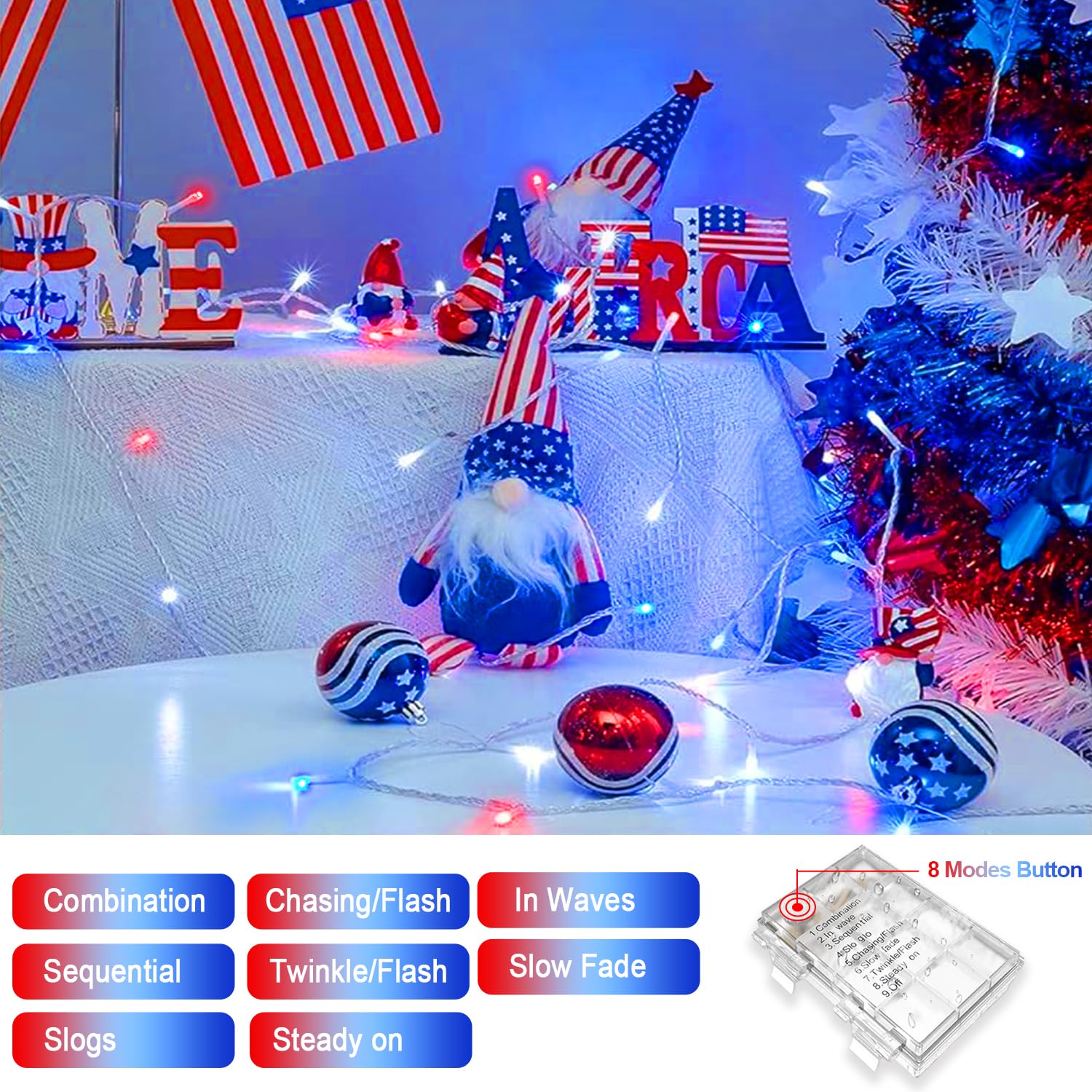 JMEXSUSS 2 Pack Outdoor LED Lights, 33ft 100 Lights, 8 Modes, Battery Operated, Red White Blue, Patriotic Decorations for Independence Day
