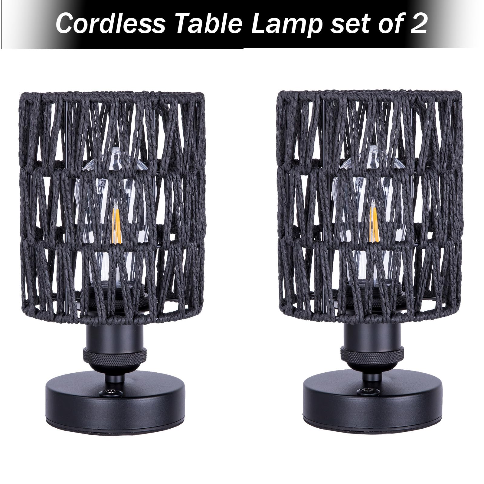 All Fortune Cordless Outdoor Table Lamps, Rechargeable Rattan Boho, Dimmable Battery Operated For Patio, Home, Living Room, Bedr