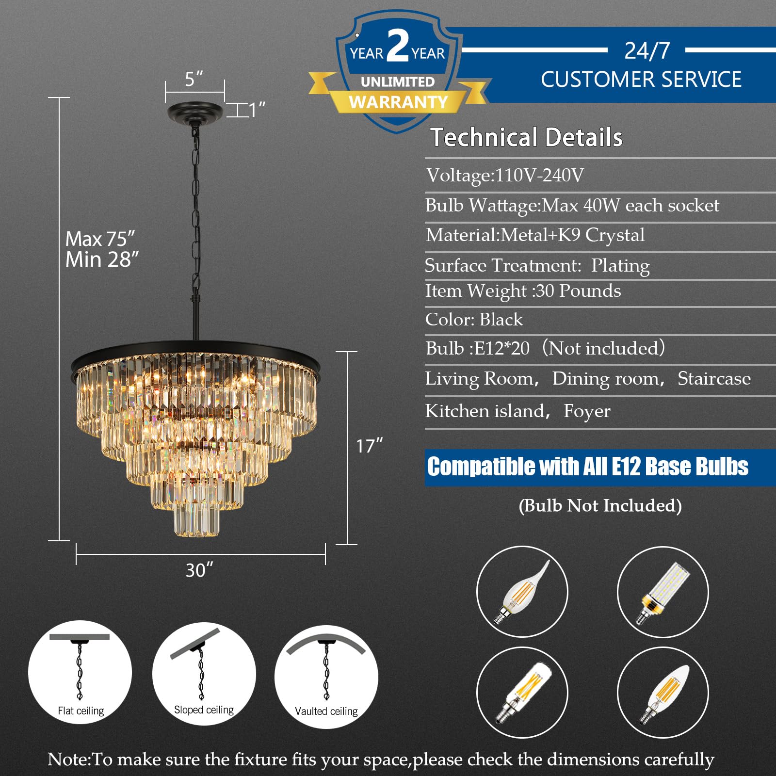 Crystal Chandeliers For Dining Room Lights Fixture Over Table, 20 Lights Black Modern Chandeliers For Living Room, 5-Tier Round