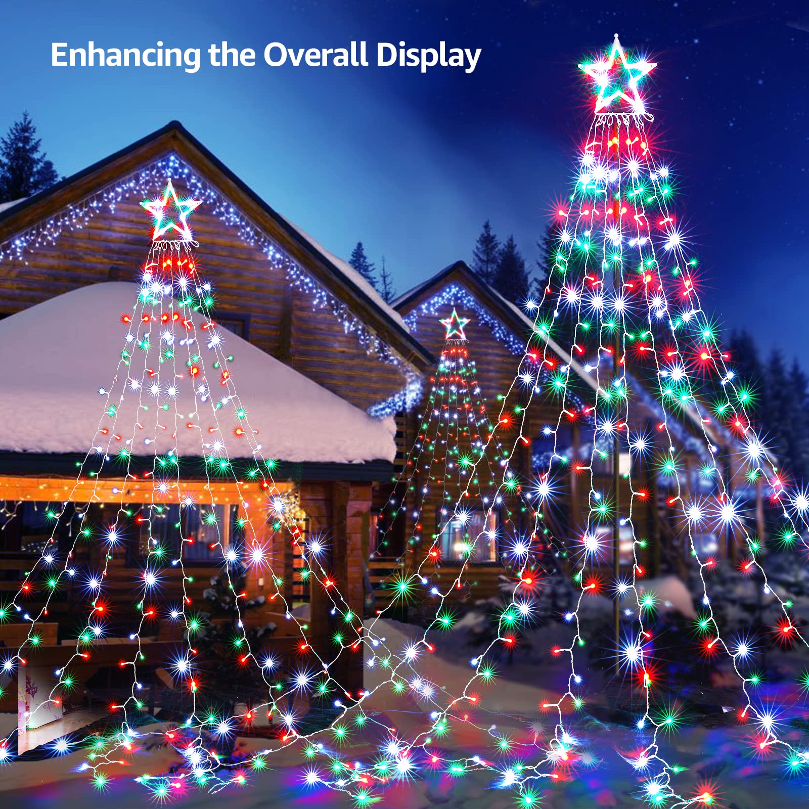 BlcTec Outdoor Christmas Star Lights, 344 LED, 9 Strands, 11.9ft, Waterproof, 8 Modes, Red Green White, Model JT-EL/FC300V