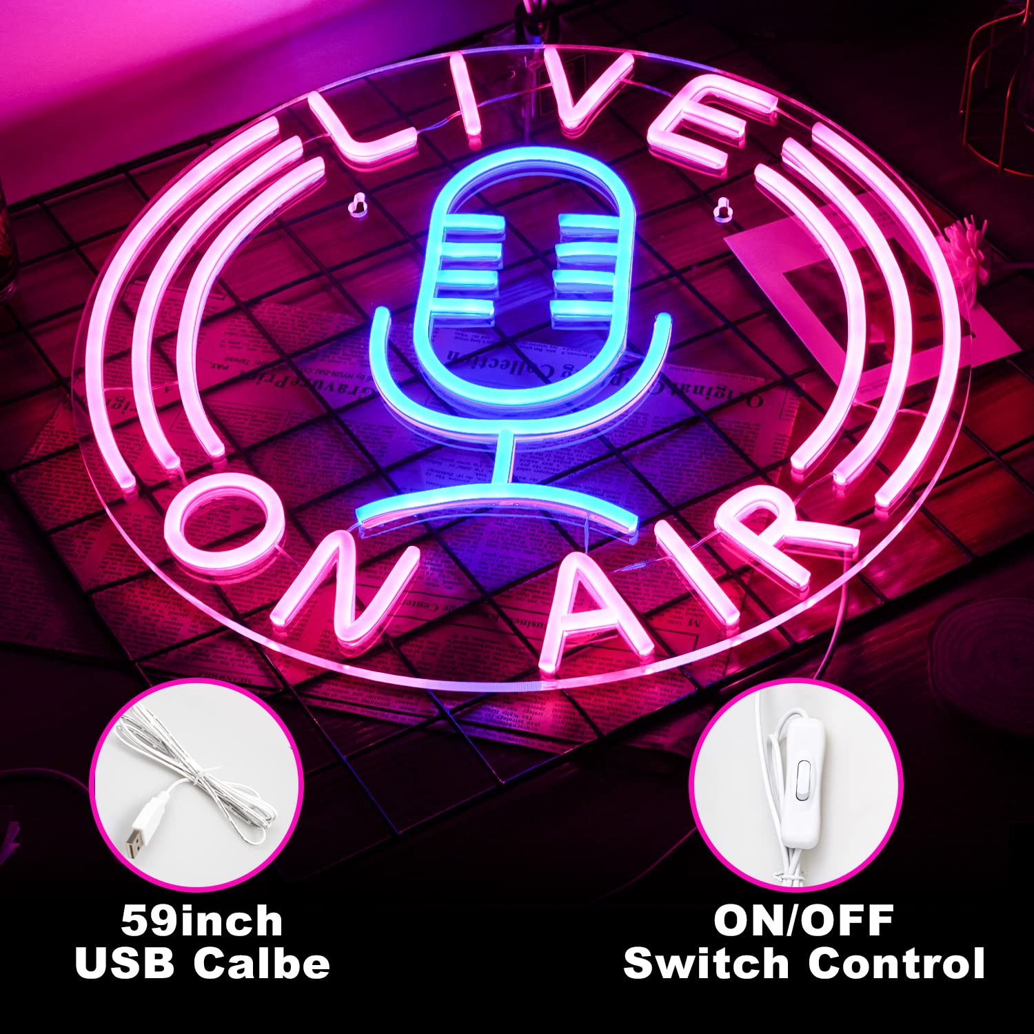 LISIGNVE Live On Air Neon Sign, USB Powered, 12.8inx12.8in, Pink Blue Silicone Wall Decor for Boys Room, Game Room, Studio