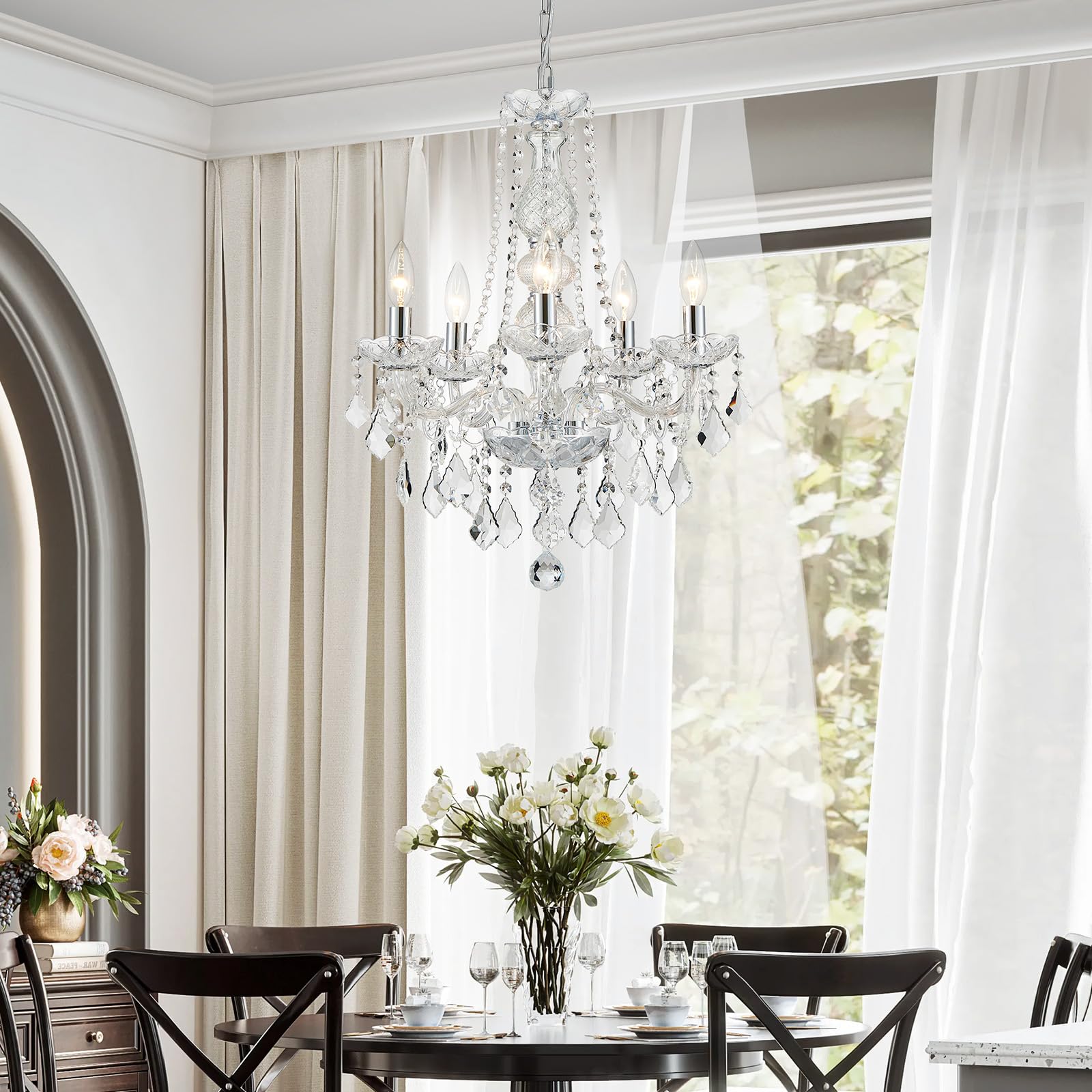 Wuzups 5-Light Crystal Candle Chandelier Pendant Ceiling Light Modern Lighting Fixture For Bedroom Hallway Bar Kitchen Bathroom  H 25 W 20  E12 Base  Chrome