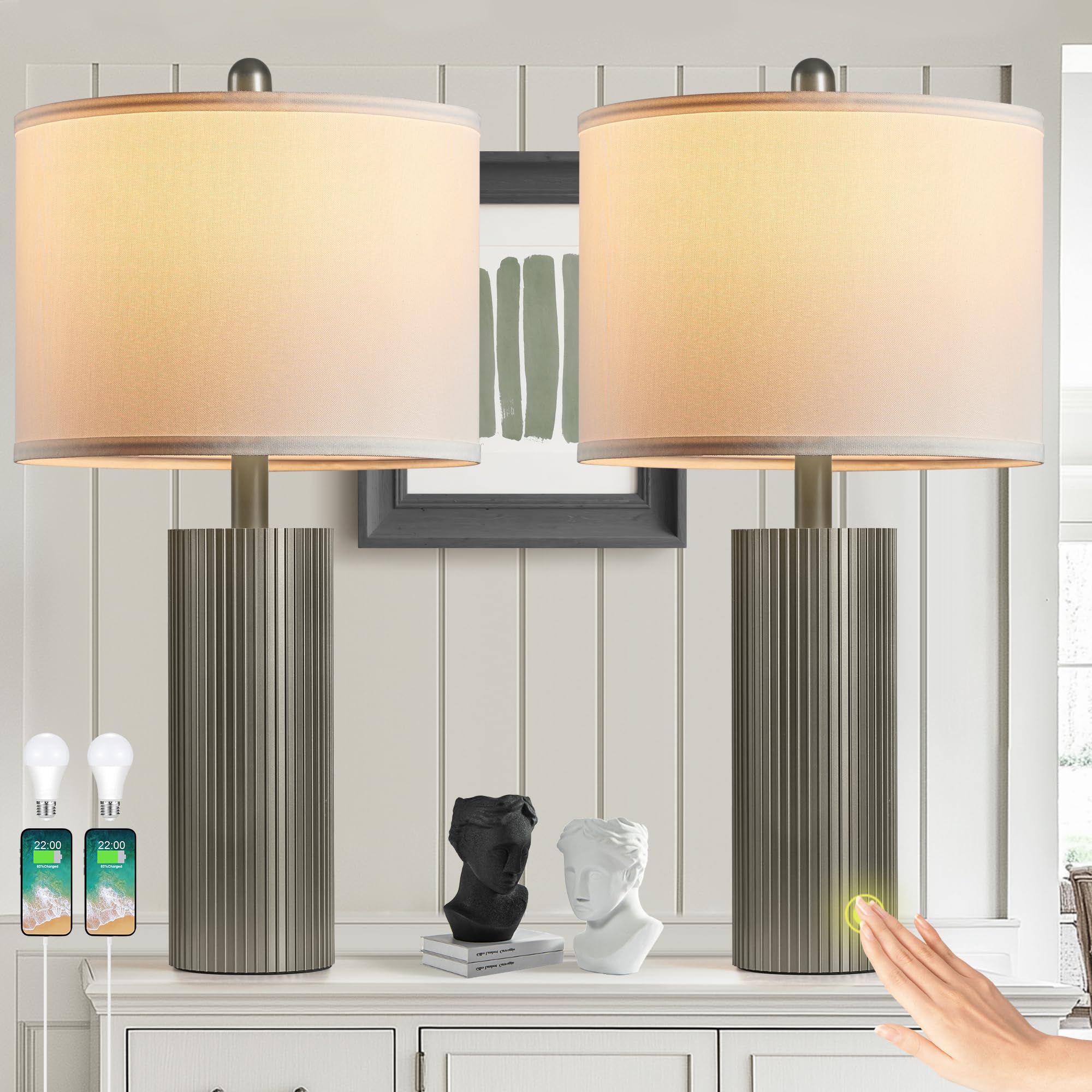 BZZMMB Table Lamps for Living Room Set of 2  24.5 Modern Table Lamps for Bedroom with USB C+A Ports  Creative Bande Touch Lamps for Nightstand  2 Bulbs Included