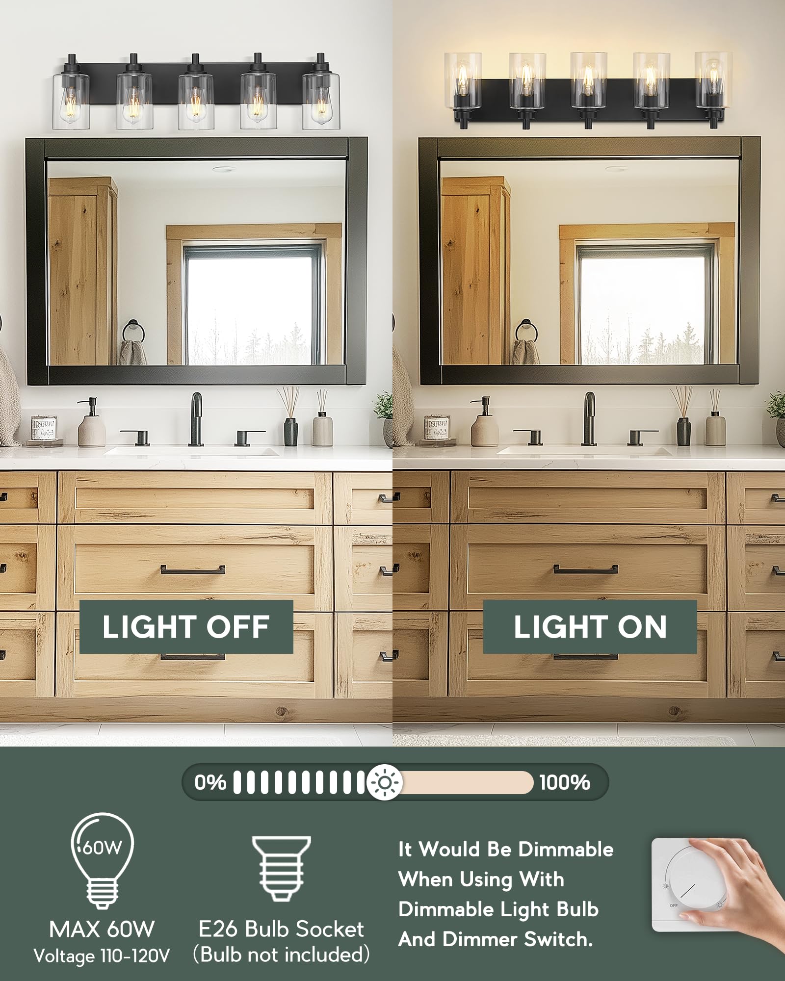 Metwet 5-Light Bathroom Light Fixtures  30 Inch Black Vanity Light With Cylinder Clear Glass Shade  Modern Vanity Lighting Fixtures Over Mirror  Vl143-Mb-5