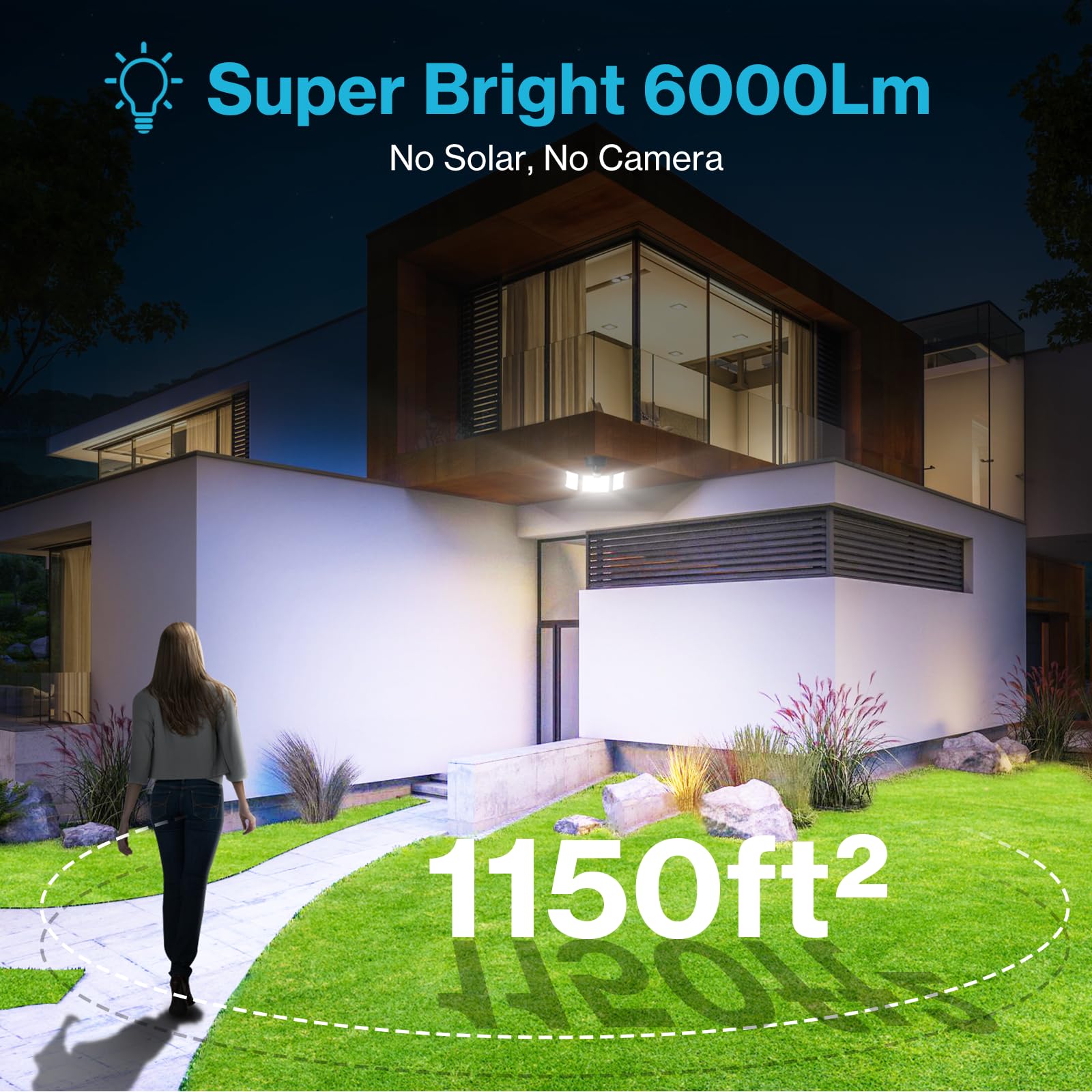 Olafus 65W Motion Sensor Outdoor Light, 6000LM, 6500K, 3 Adjustable Heads, IP65 Waterproof, Black, Model BDB55G-3,