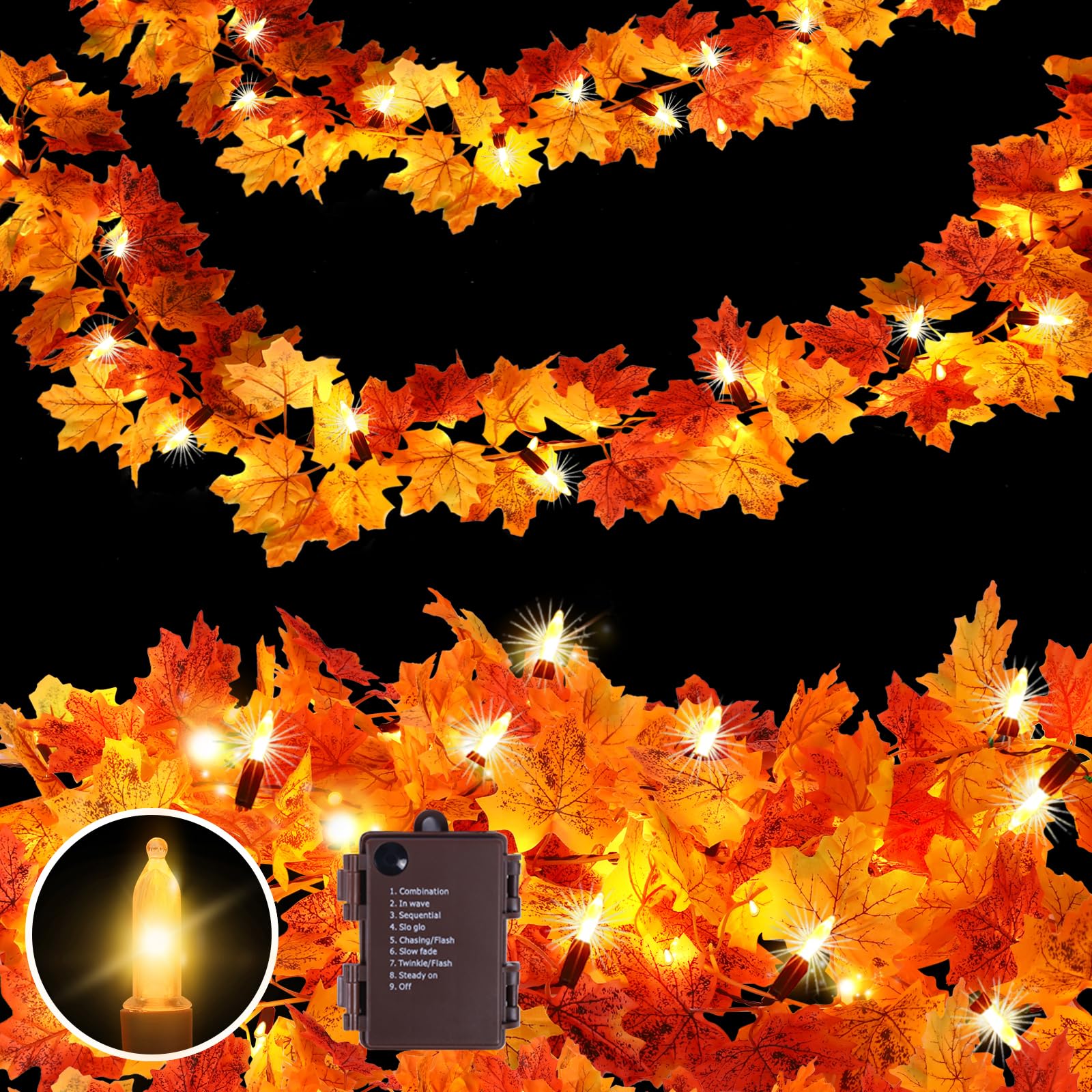 Fall Garland With Lights Battery Operated 10Ft 50 Orange Bulbs Lighted Fall Leaves Garland Fall Decorations For Home Thanksgiving Mantel Fireplace Porch Halloween Table Decor Indoor Outdoor(1 Pack)