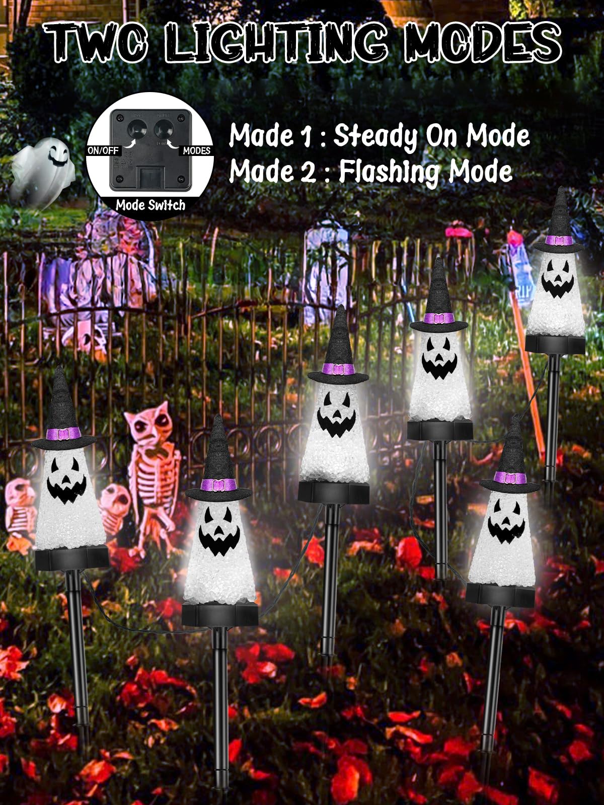BHCLIGHT Solar Halloween Ghost Lights, 6 Pack, Waterproof, Cool White, Garden Stake for Pathway Decor, Model YY-Solar-Ghost-2PK6L-CW