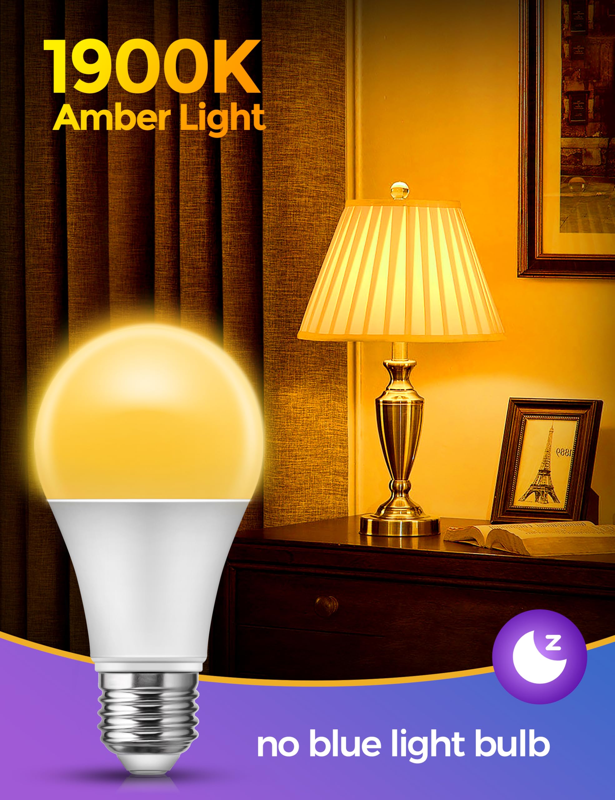 JandCase Sleep Light Bulb - Amber 1900K Warm Light, Blue Light Blocking, 60W Equivalent, 2 Pack, Ideal for Bedroom and Nursery