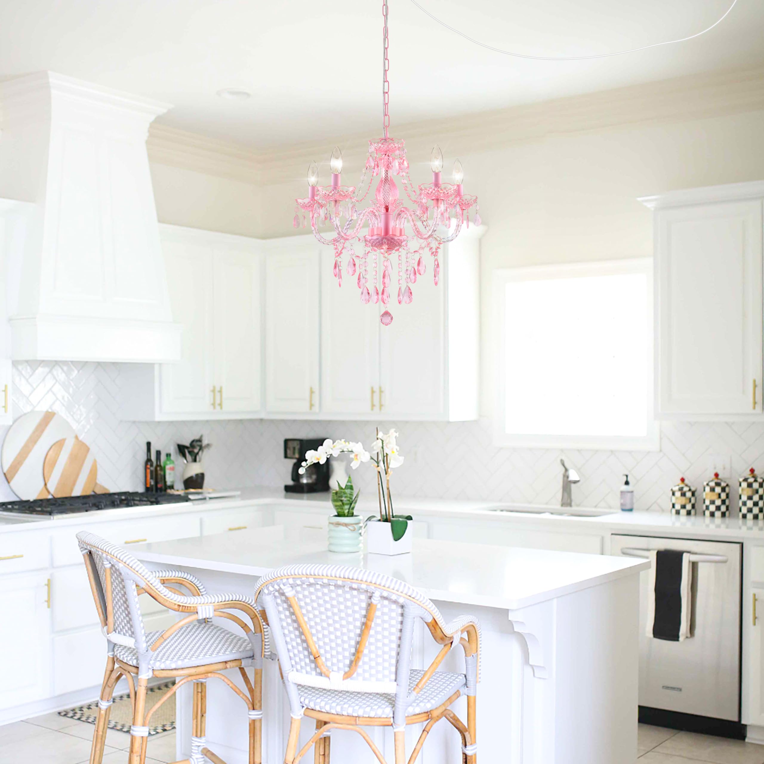 PAPAYA Pink Crystal Chandelier Pendant Light with 5 Lights, Clear Cord & Switch, H19" D19.7" for Kitchen, Dining, Girls' Room