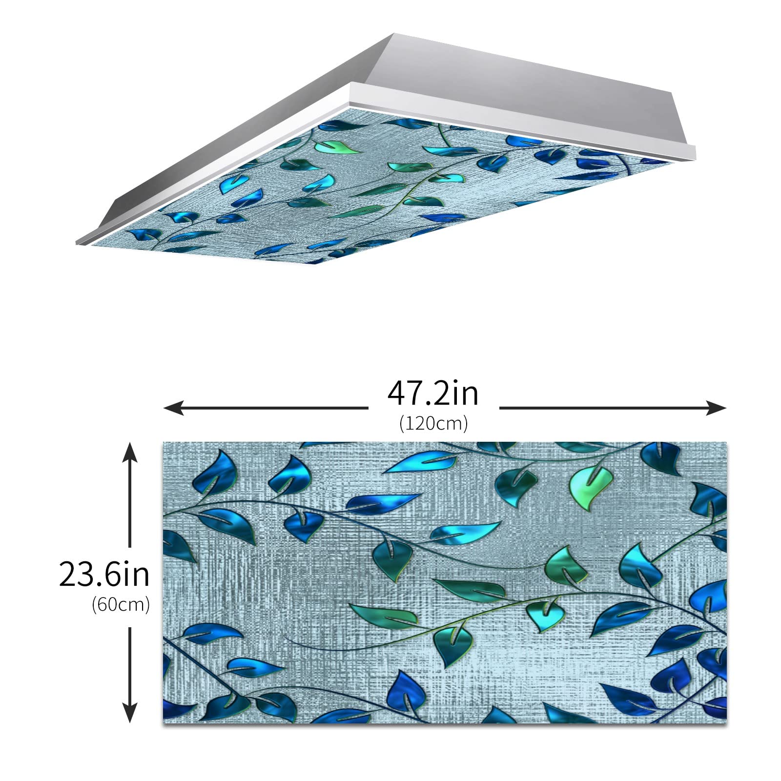Drop Ceiling Light Covering Insert 4' X 2' Feet (Silver Stained Glass Green Retro Leaves)-Fluorescent Light Cover Reduce Glare F