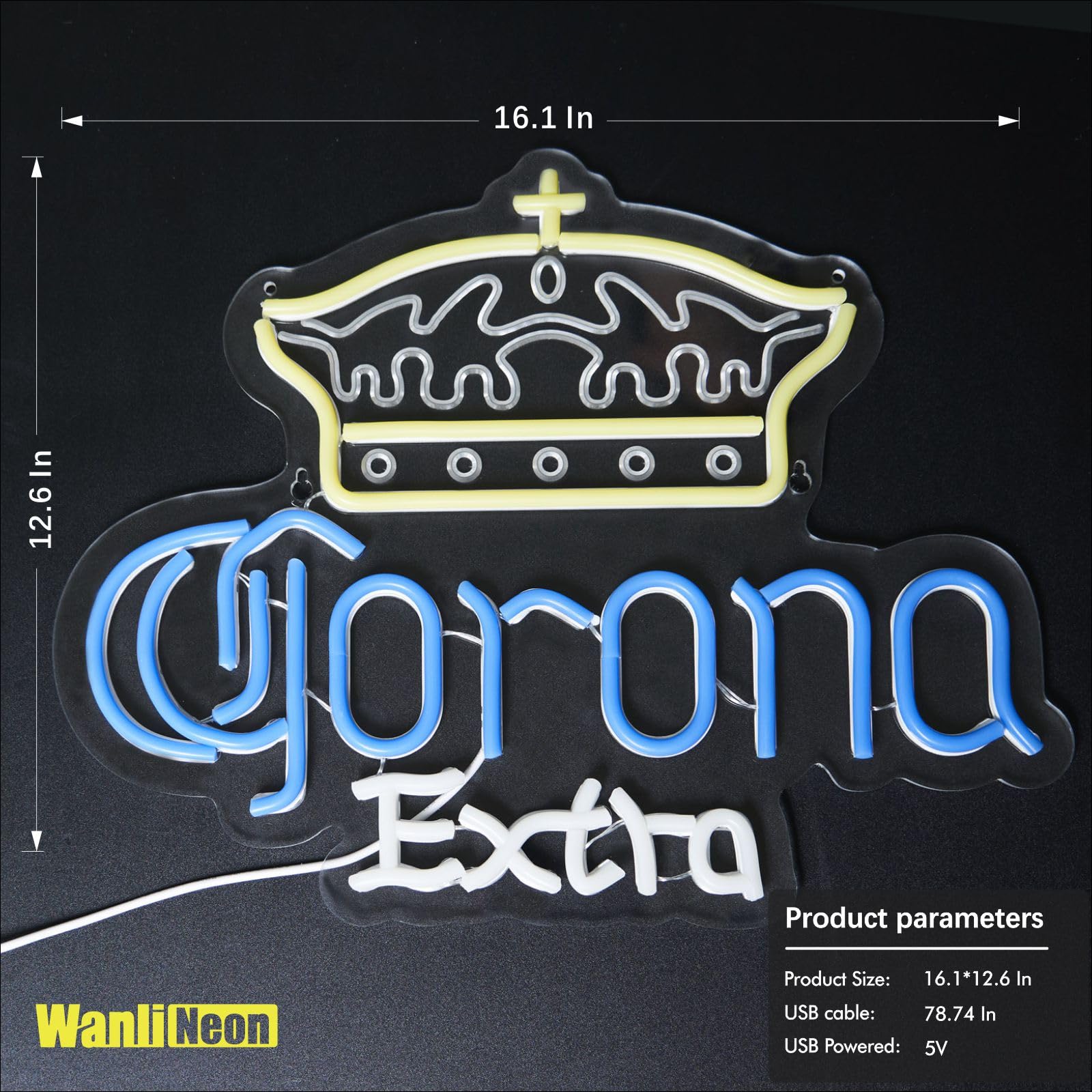 WanliNeon Neon Sign Light - Dimmable LED Crown malt-inspired Decor for Bar, Man Cave, 16.1inx12.6in, Yellow + Blue