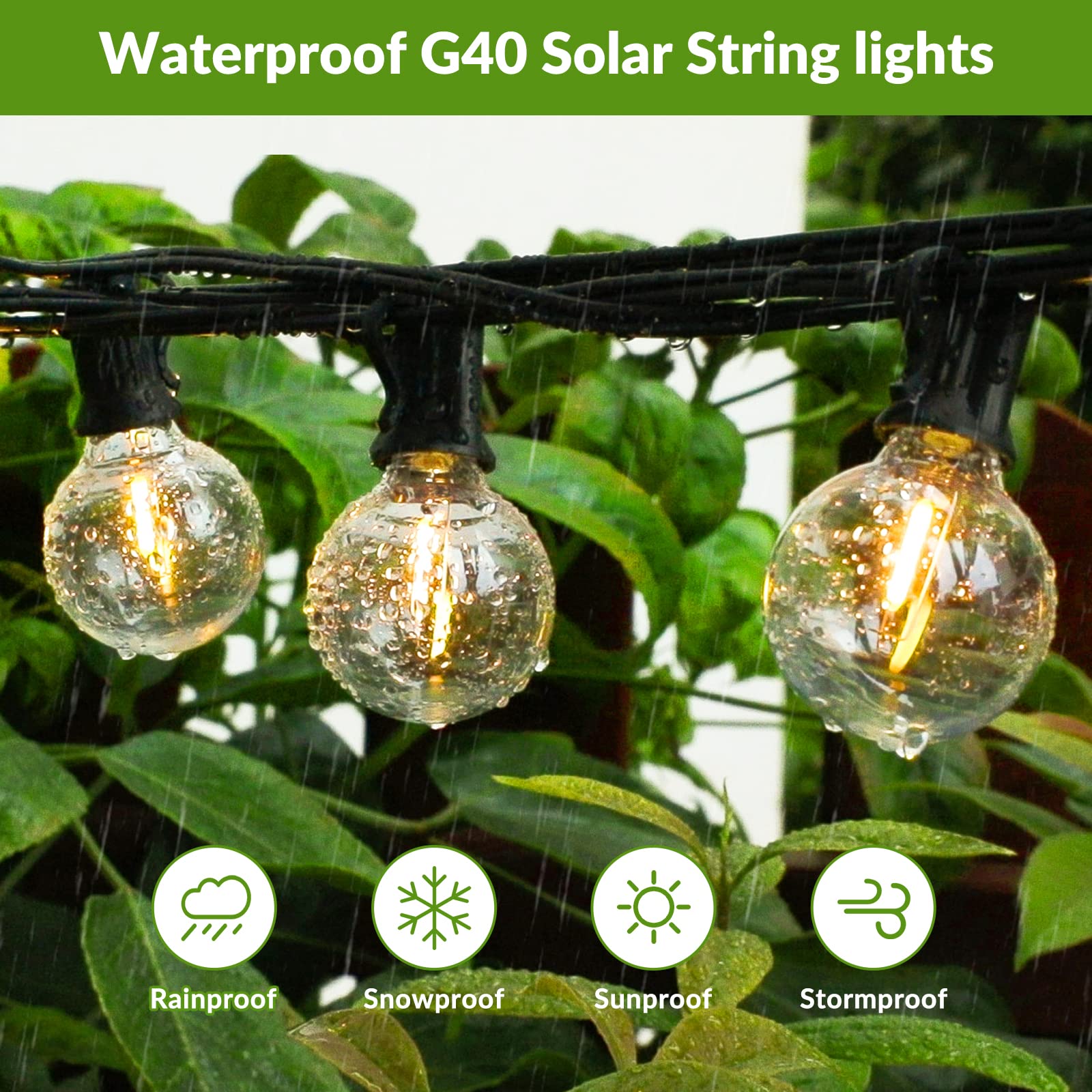 Lakumu 100FT G40 Solar String Lights, 52 E12 LED Bulbs, Black-2700K, Waterproof, Shatterproof, Model GLS20C3CCTW-G40