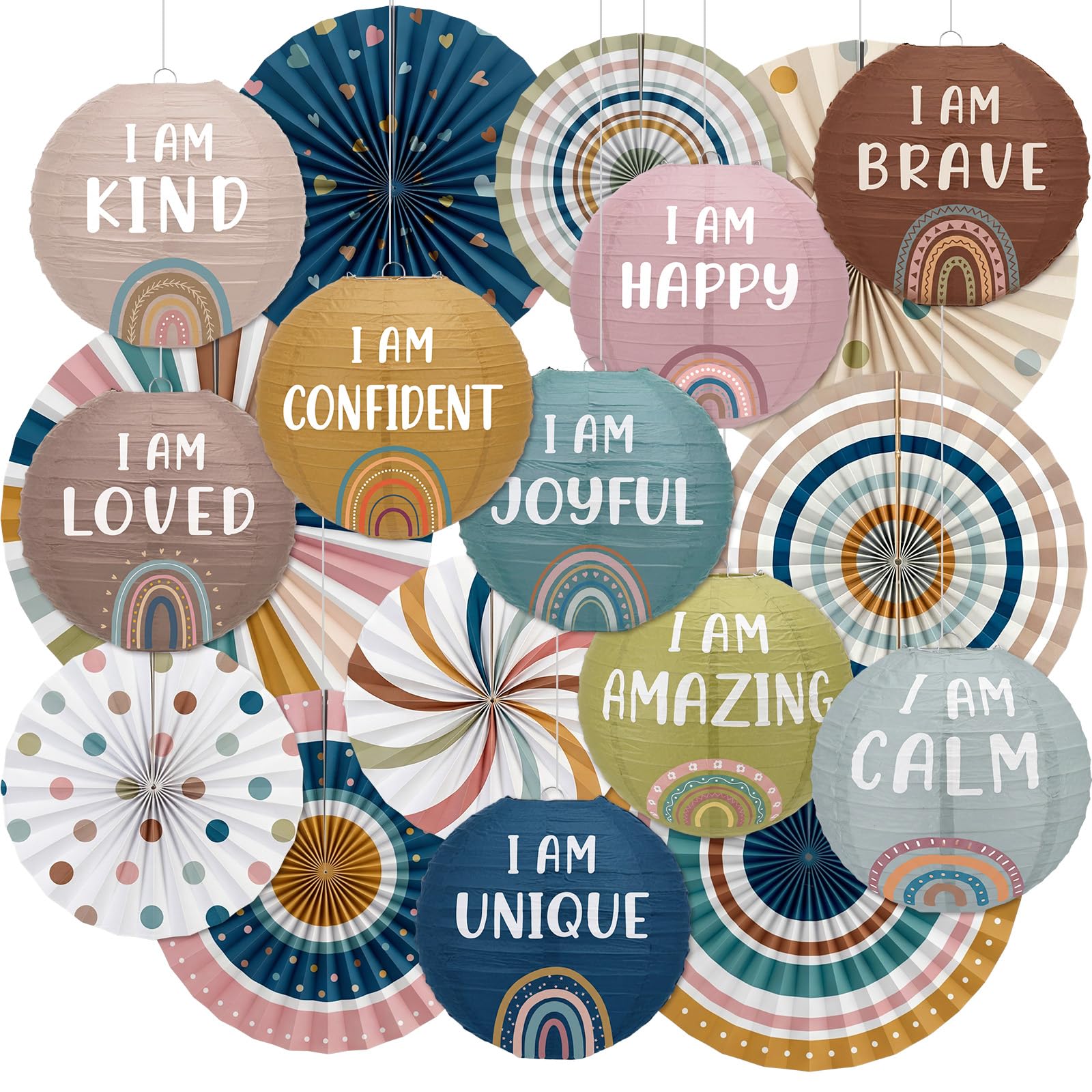 Wavwavw 18 Pcs Boho Paper Lanterns and Paper Fans Decor Set, Neutral Rainbow Classroom Decor with Positive Affirmation Quotes, B