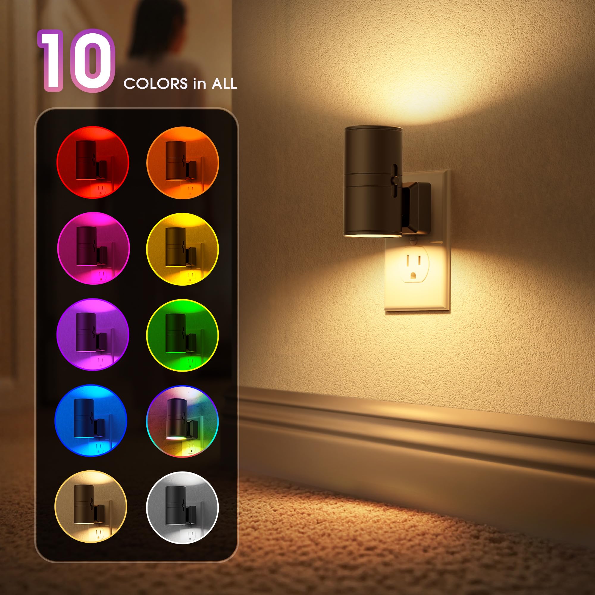 Briignite 11-Color Changing Night Light with Remote Control, Adjustable 0-100 LM, LED, Black, Model BRYKGY06309US, Plug into Wall