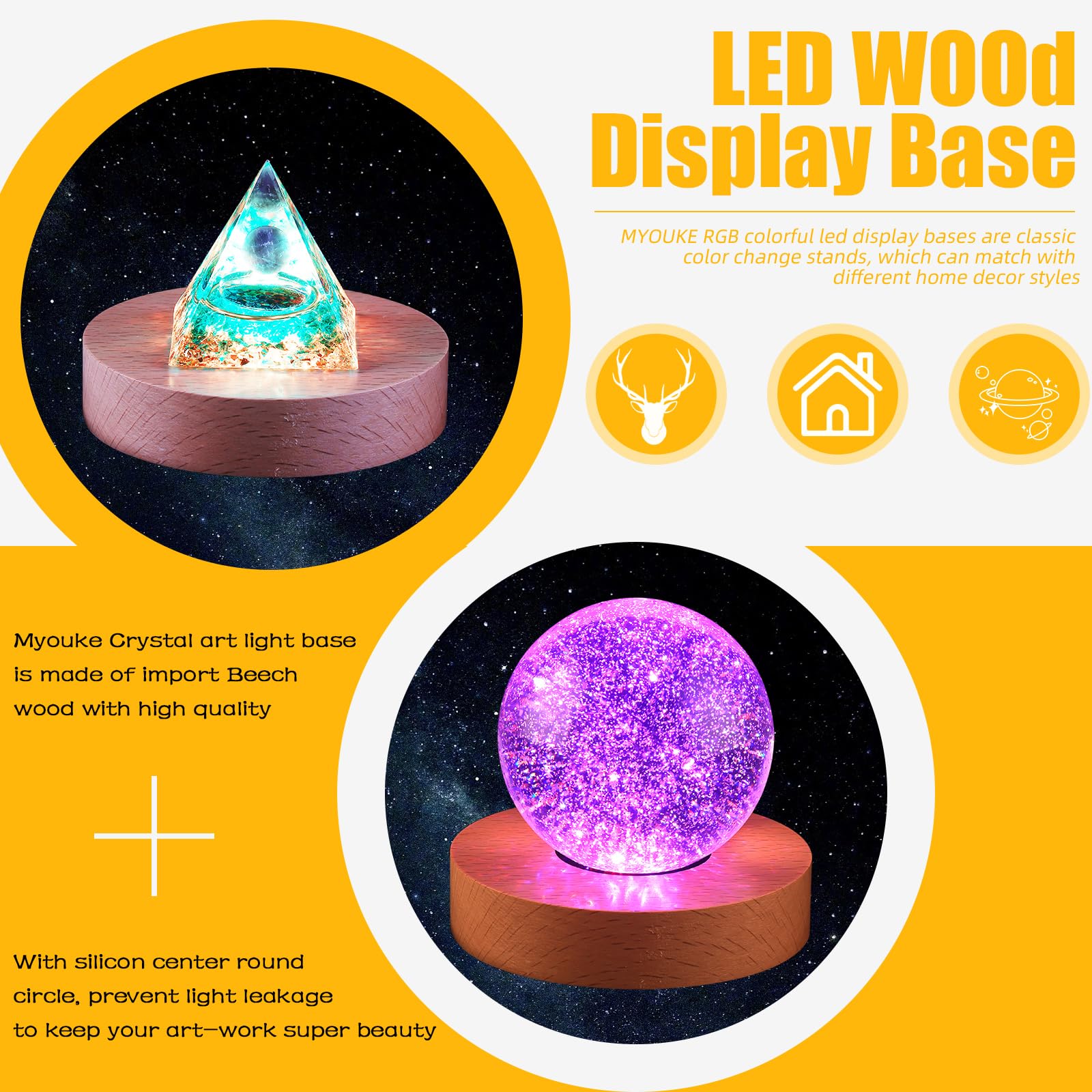 Myouke 4 Inch Led Light Base Display Base Round Lighted Display Stand,16 Colored Usb Light Table Light Base Wood Crystal Light G