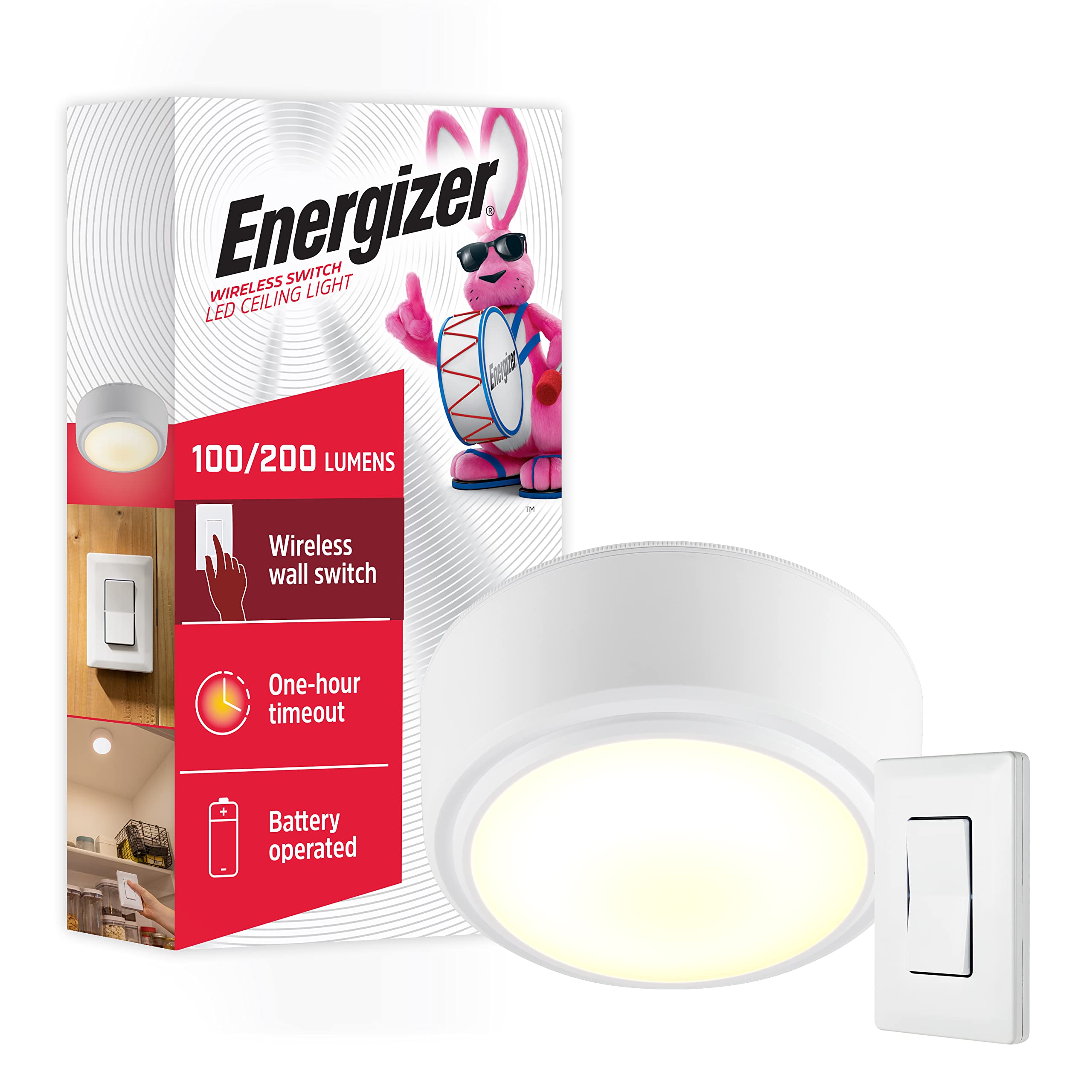 Energizer LED Ceiling Light Fixture, Battery Operated, Wireless Wall Switch Remote, 200 Lumens, Ceiling Light No Electricity, Pe