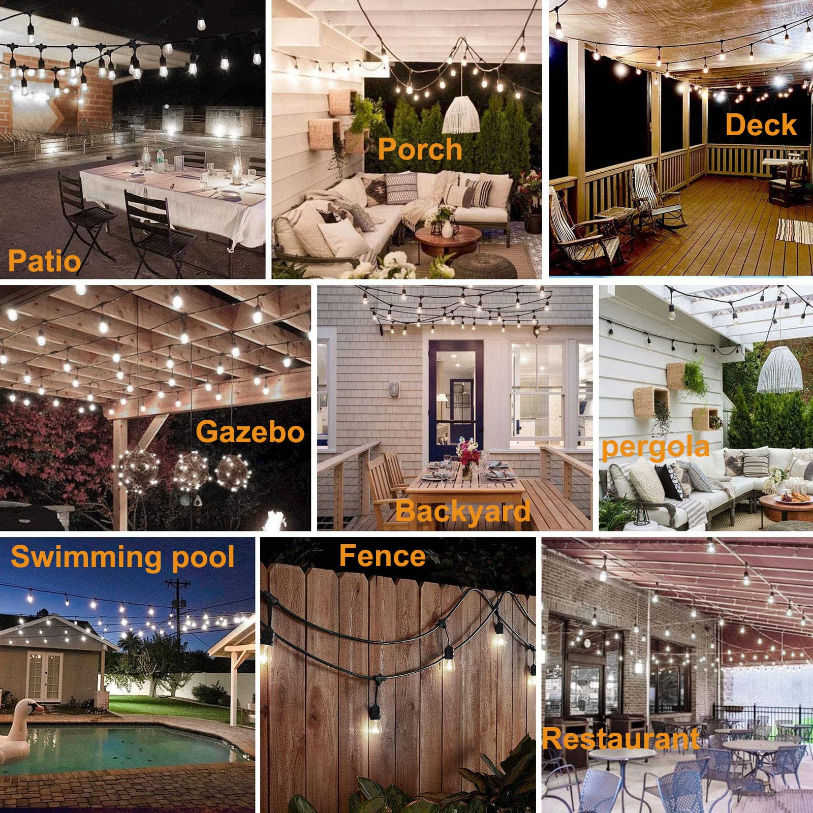 48Ft Outdoor String Lights Led Heavy-Duty Waterproof Patio Lights With 16 Shatterproof Plastic 2200K Warm White Bulbs For Patio Gazebo Pergola Cafe Market Bistro Lights