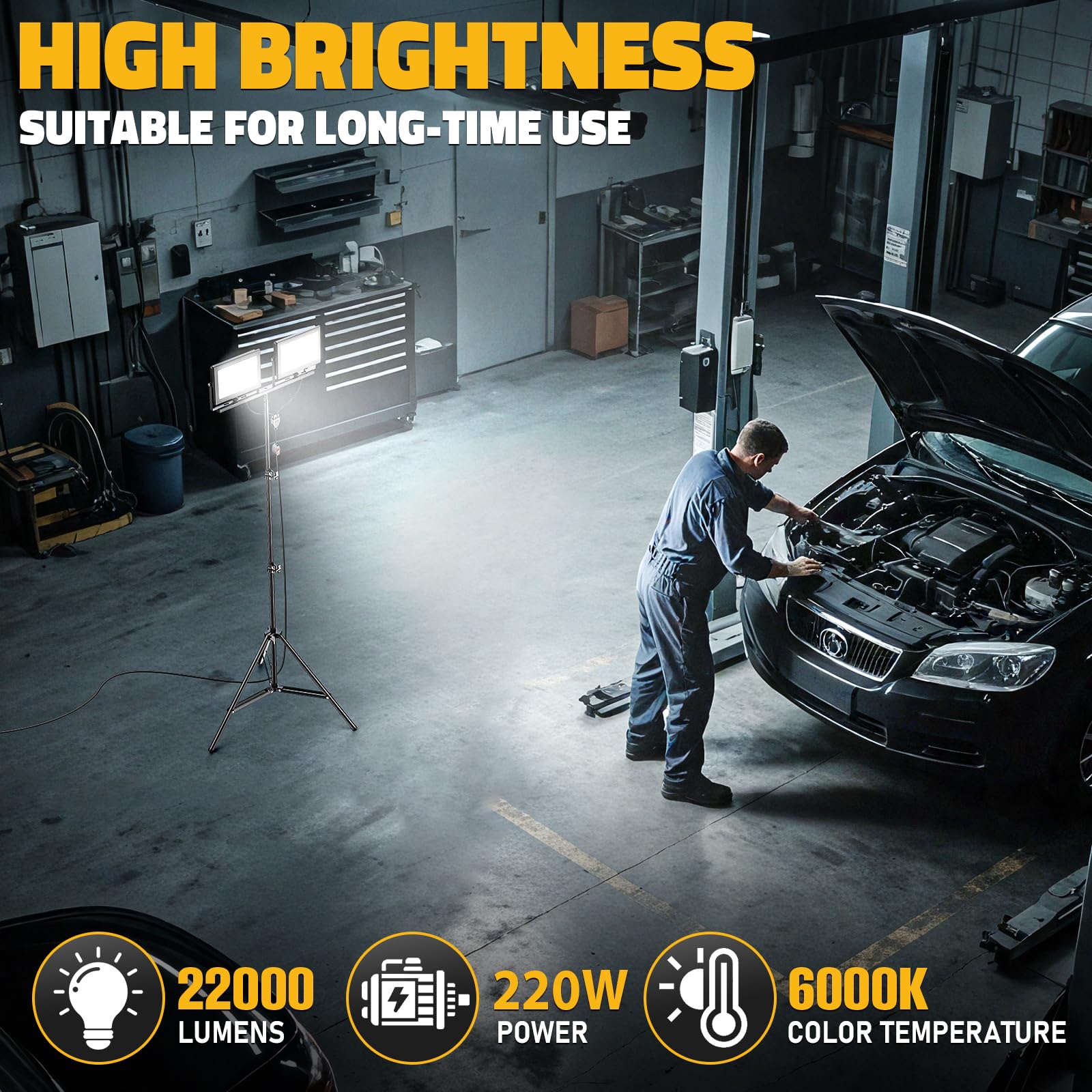 Livowalny 22000 Lm Led Work Light With Stand Pack Of 2  220W 2 Adjustable Head Tower Light With 13Ft Cord  Portable Ip65Waterproof Tripod Flood Light For Job Site Workshop Garage Construction Lighting