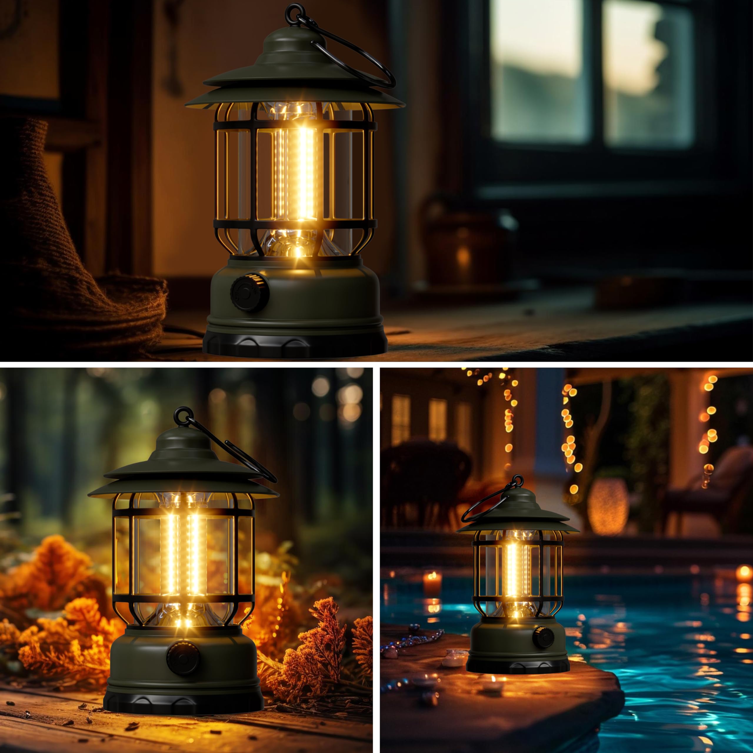 KUNDGLA Portable LED Camping Lanterns 1500LM USB Rechargeable Green 3 Pack