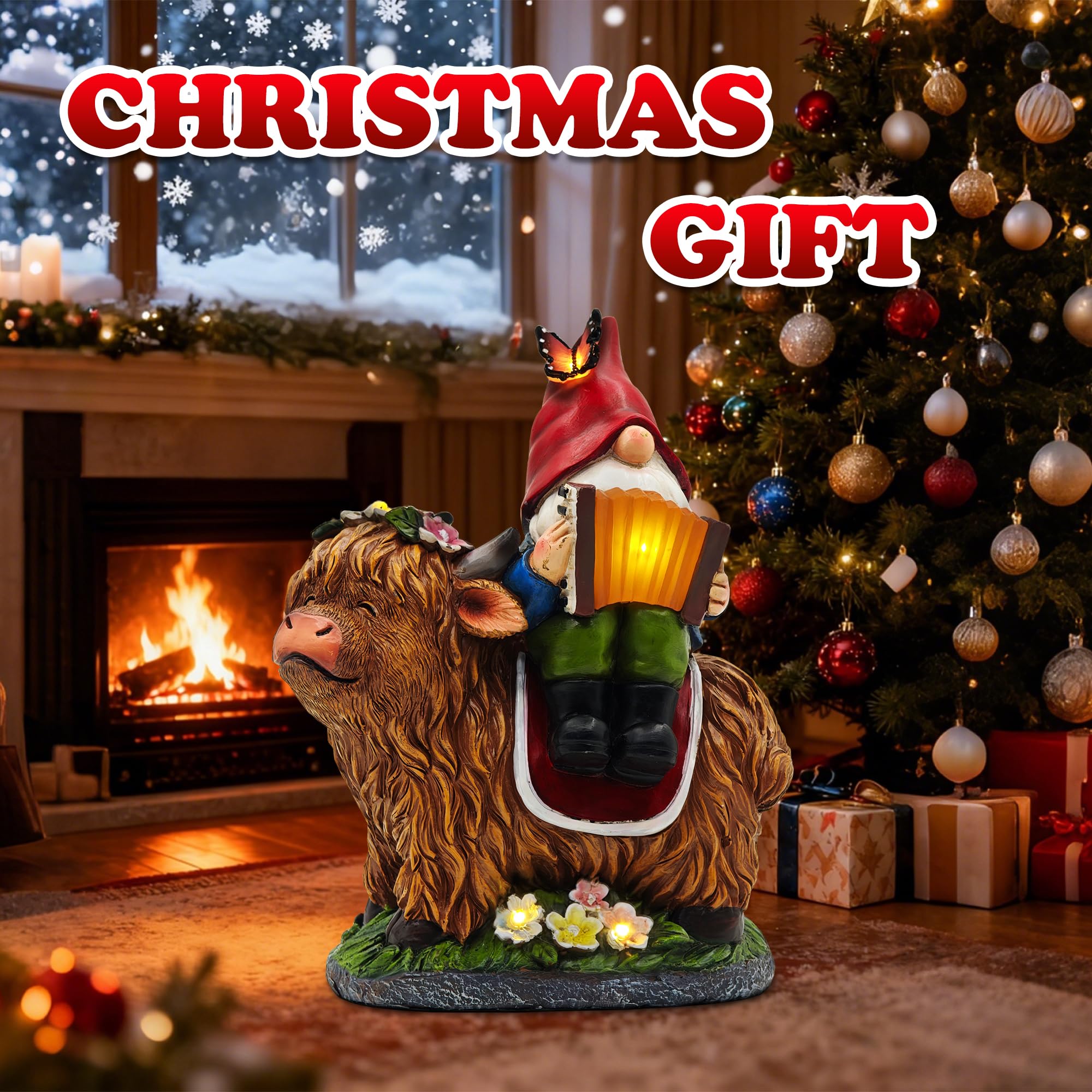 Cffownug Christmas Garden Gnomes Outdoor Statues: 8 Solar Light Gnome Decor On Highland Cow Play The Accordion Unique Birthday Gifts For Women Mother Grandma