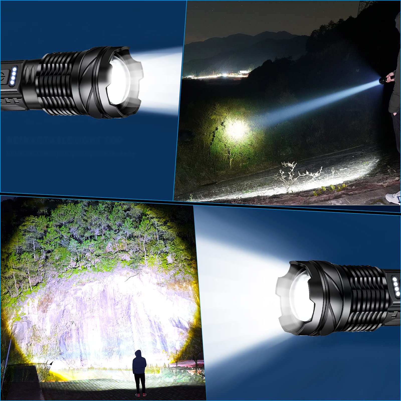 HOSONIC A76 Rechargeable Flashlight - 20000 Lumens, 7 Modes, COB Side Light, Aluminum, Gray, Handheld for Camping & Emergencies