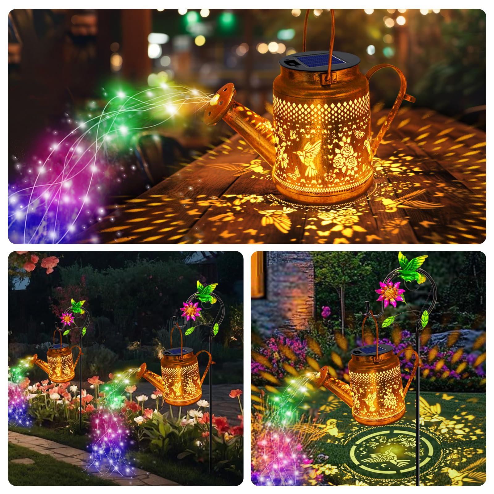 2 Pack Solar Lanterns Outdoor Waterproof Hummingbird Watering Can Garden Decor Hanging Solar Path Lights Yard Art Outside Patio Decorations Gardening Birthday Gifts For Mom Grandma Women (With Hook)