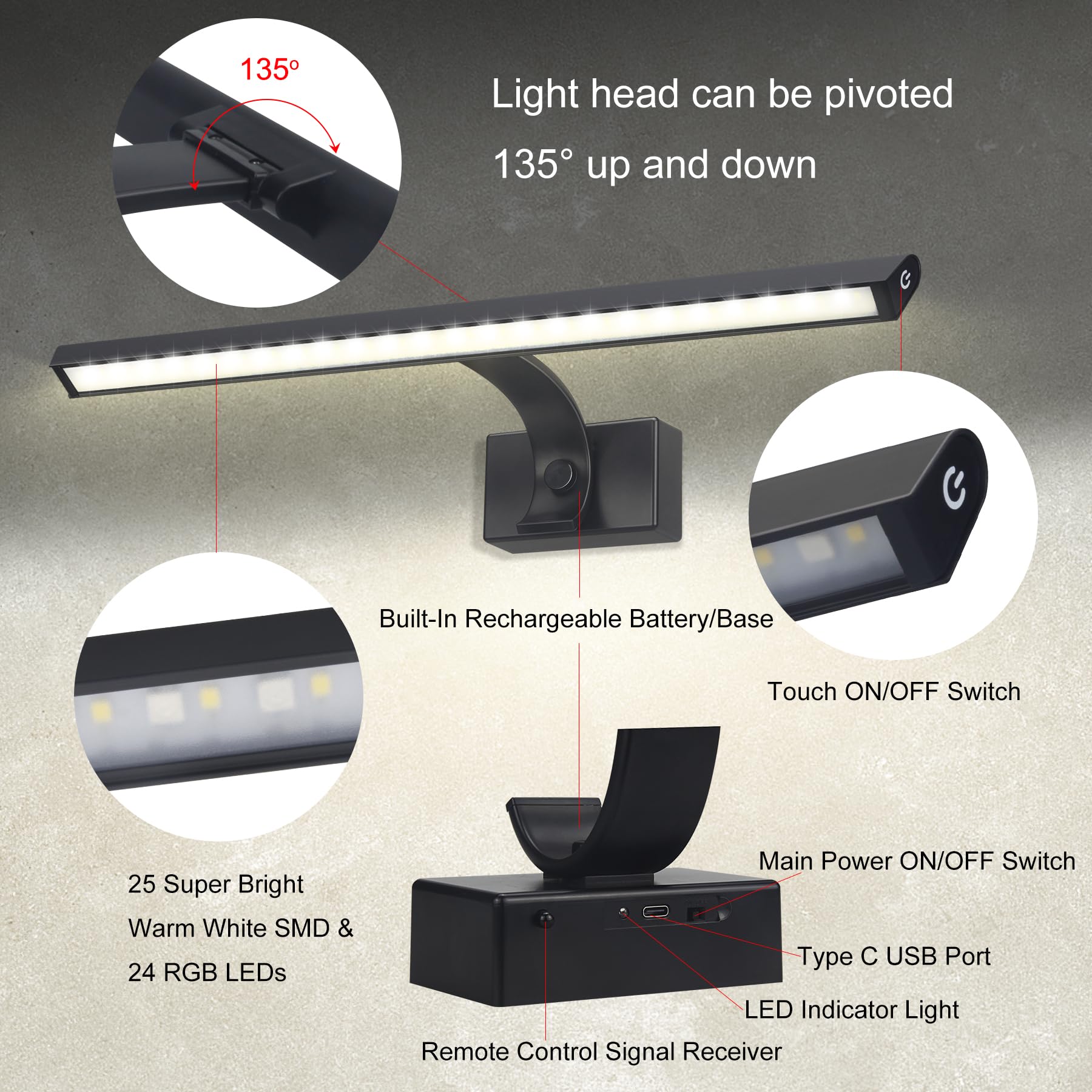 BIGMONAT Wireless LED Picture Light 16 inch, USB Rechargeable, Dimmable, Color Changing, Black-RGB, Model B607IR-12CRGB-1