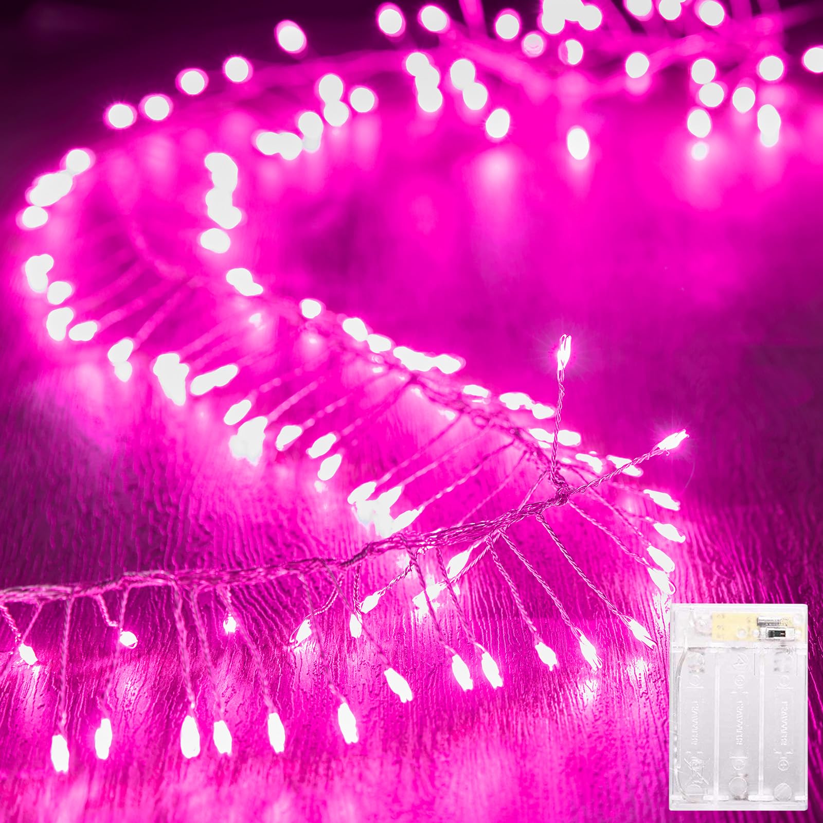 Brightown Battery Operated Fairy Lights, 10Feet 1201LEDs Firecracker String Lights Waterproof Silver Wire Starry Firefly Lights for DIY Wreath Home Weeding Indoor Outdoor Christmas Decorations, Pink
