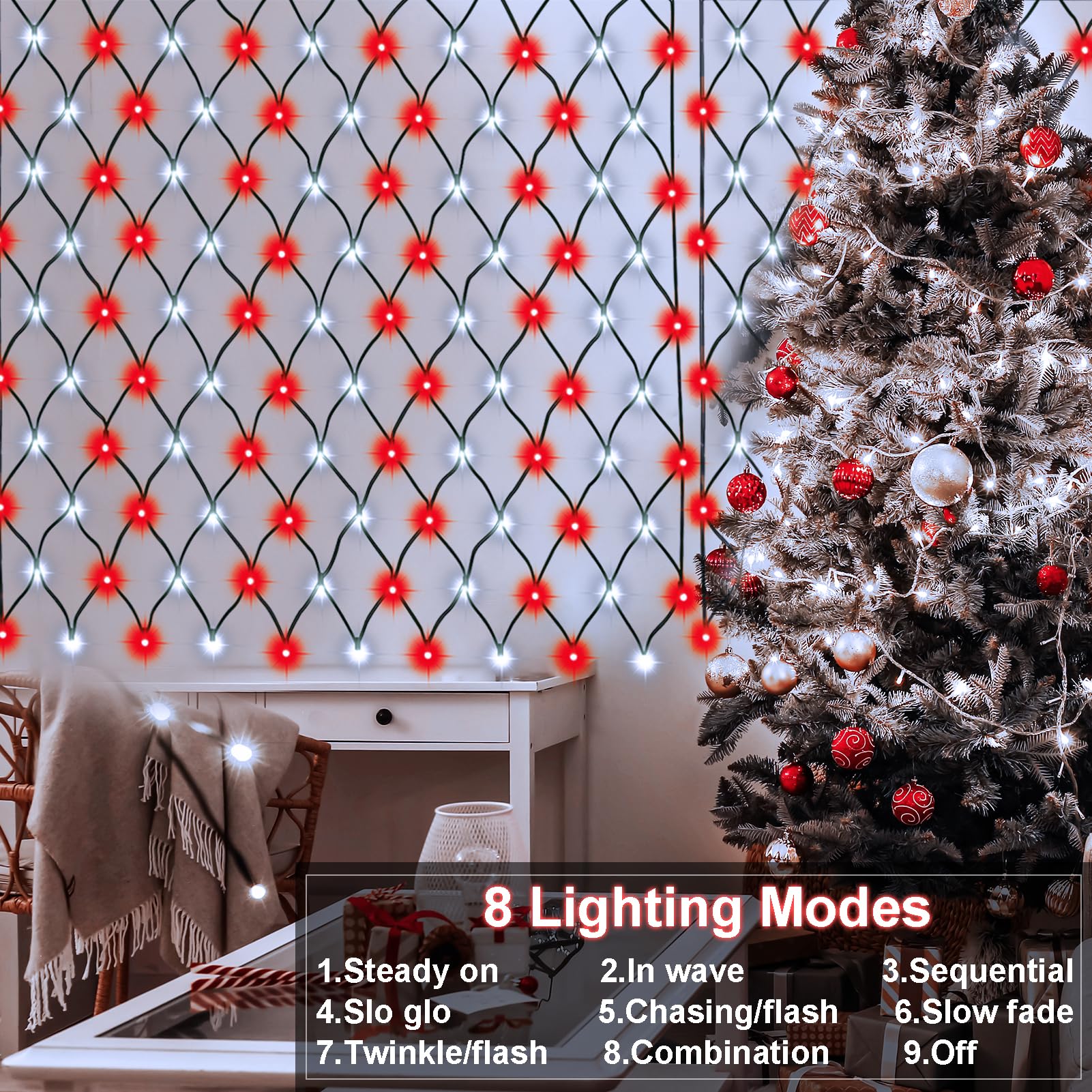 Solar Powered Led Net Lights 5Ft X 5Ft, 100 Leds - Red White Christmas Candy Cane Net Lights, 8 Modes For Outdoor Decoration