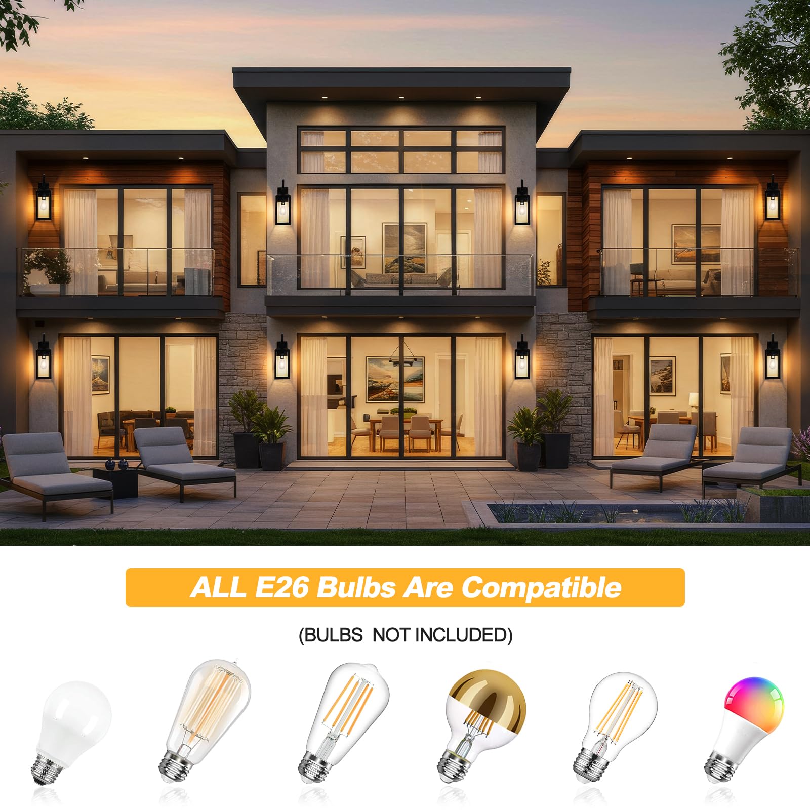Yolsunes 19" Outdoor Wall Lights 2 Pack, Black Metal with Gold Trim, Waterproof Sconces for Porch, Garage, Model B06094P-2PK-GDBK