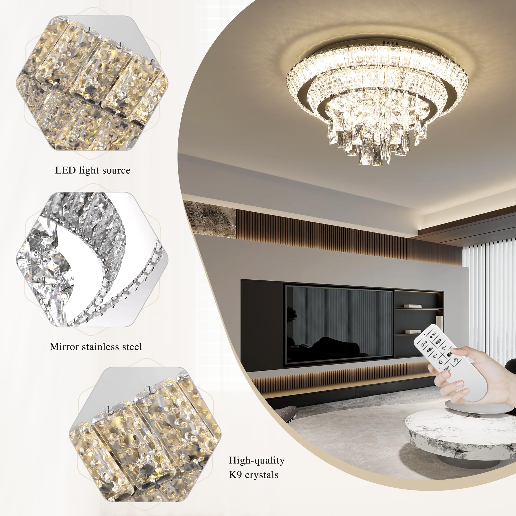 COCOSTAR 18 inch LED Crystal Flush Mount Chandelier, Dimmable Raindrop Light Fixture, Silver, Model A401-18in for Living Room and Bedroom