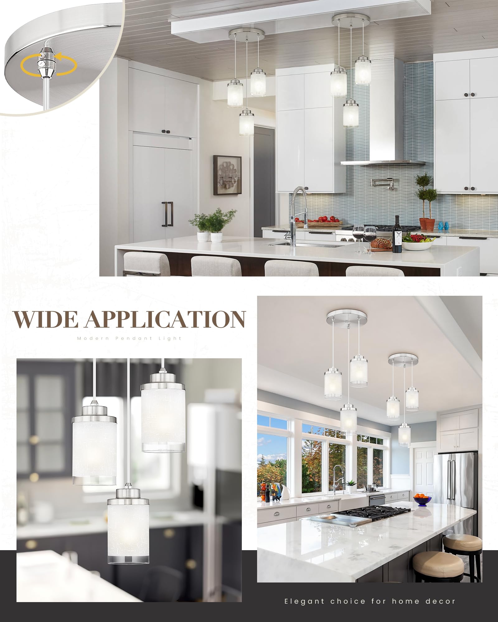 Tengxin 3-Lights Modern Pendant Light With Glass Shade Brushed Nickel Pendant Lighting Adjustable Industrial Retro Style Hanging