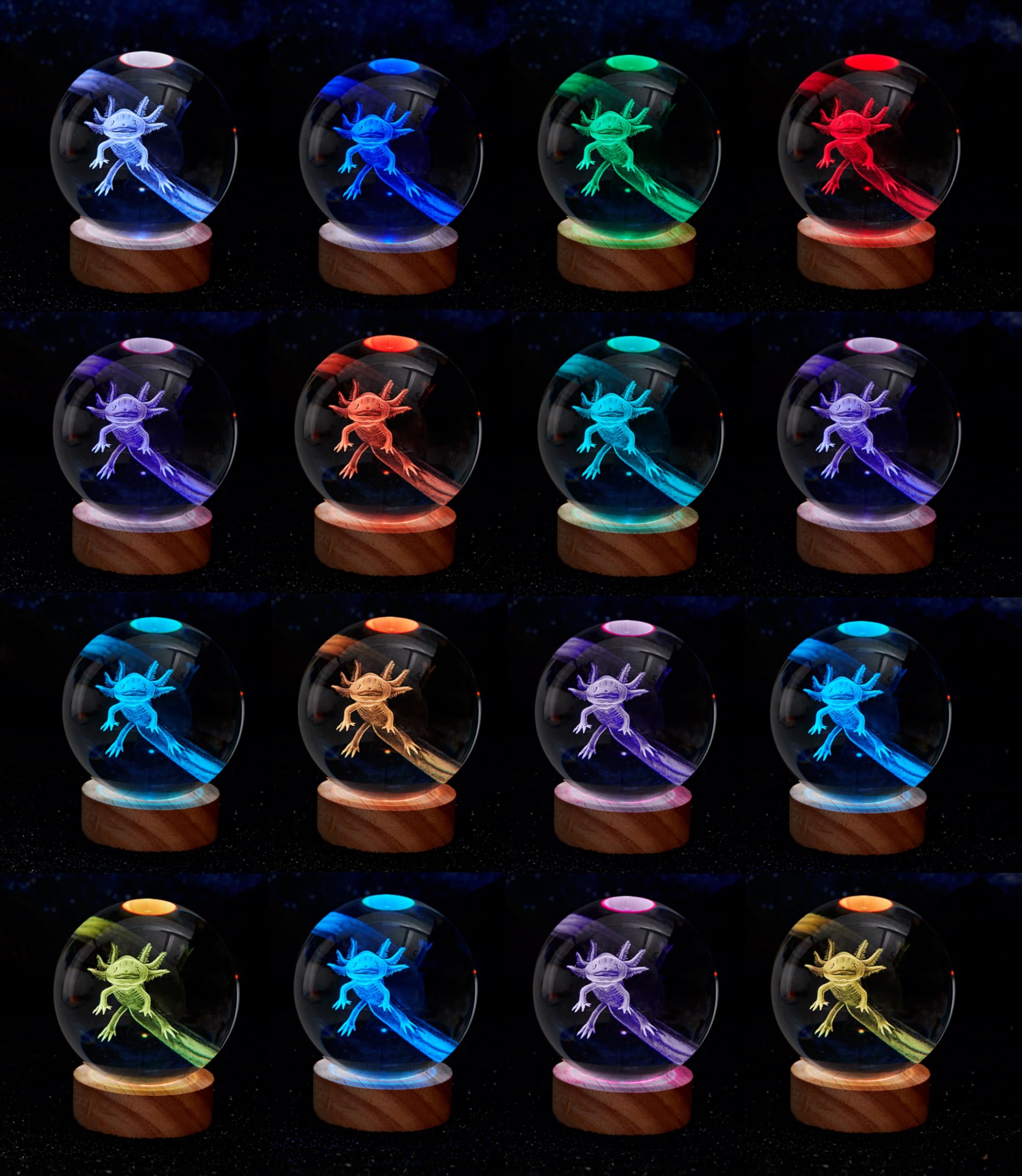 Conalisk 3D Axolotl Crystal Ball Lamp, 3.15 Inch, LED Color Changing, Remote Control, Gift Box, Home Decor (Axolotl B)