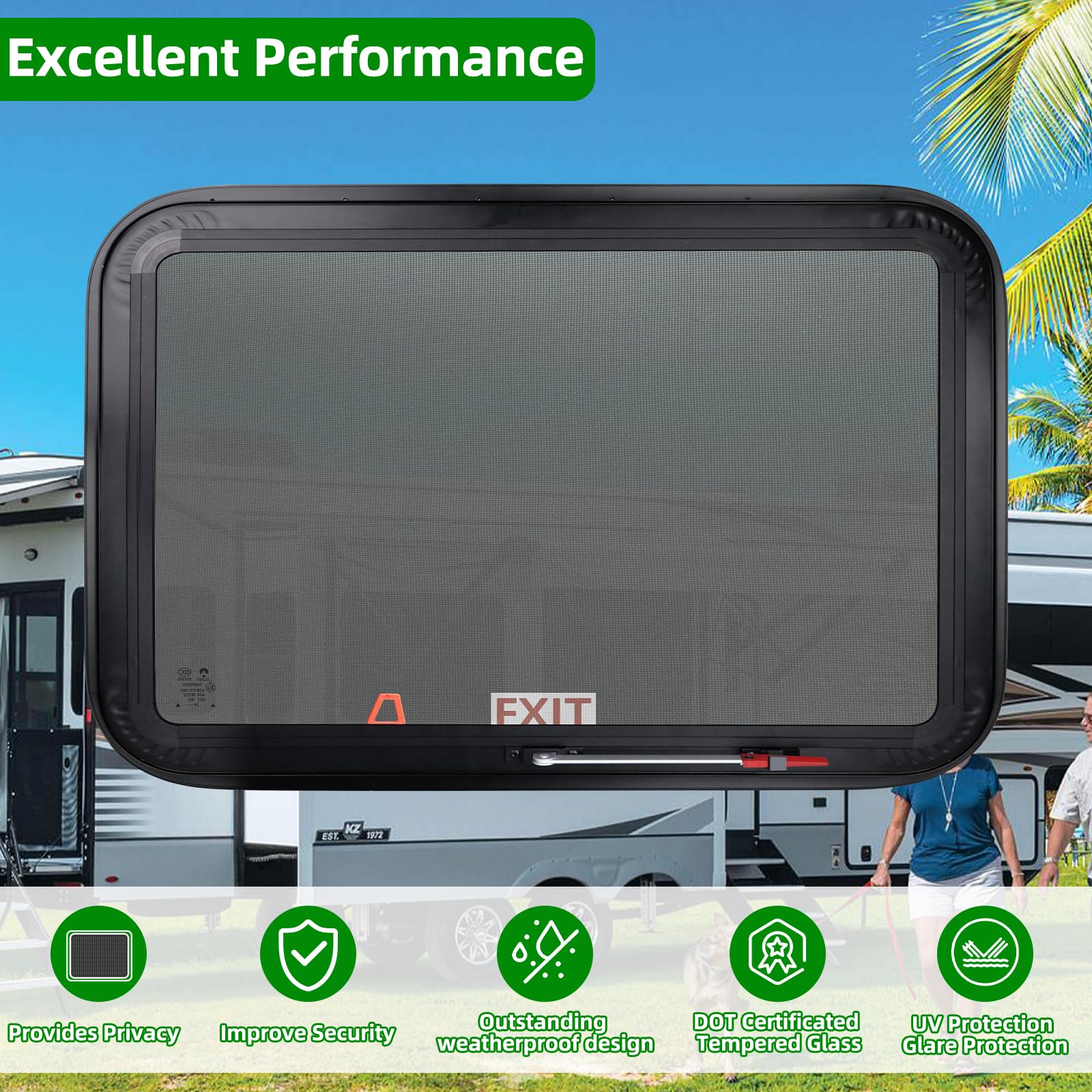 NOVINO RV Exit Window, 36"W x 22"H, Tempered Glass, Black, Model NRW-009, DOT Approved, Emergency Replacement for Camper & Cargo Trailers