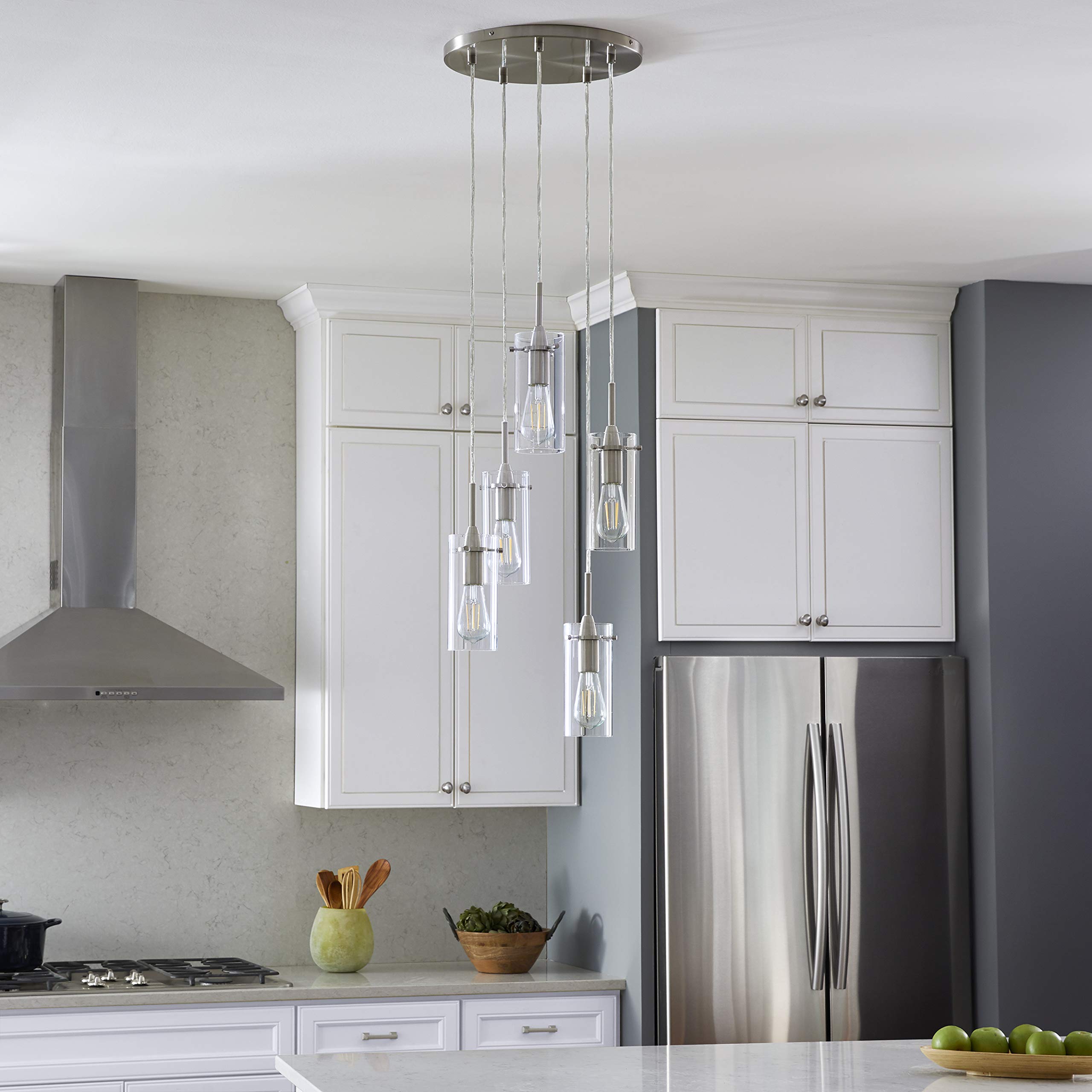 Linea di Liara 5-Light Brushed Nickel Cluster Pendant Chandelier - Modern Stairwell Lighting for High Ceilings & Entryways
