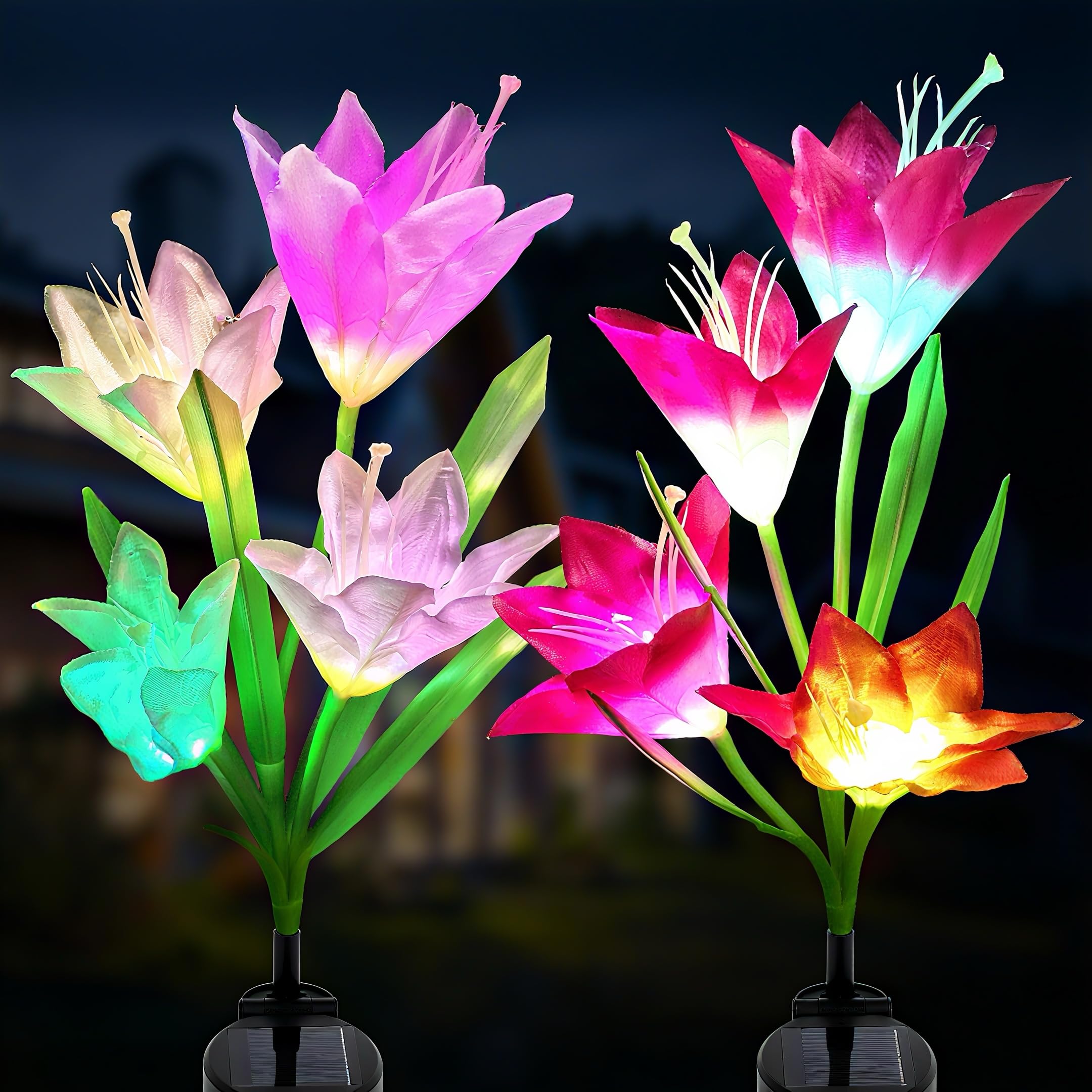WELIGHT Outdoor Solar Lights Garden Decoration Bigger Lily Flowers 2 Pack  Waterproof 5 Color Changing LED Powered Light Large Panel for Garden Pathway Patio  Gift for Mom Grandma (Purple and White)