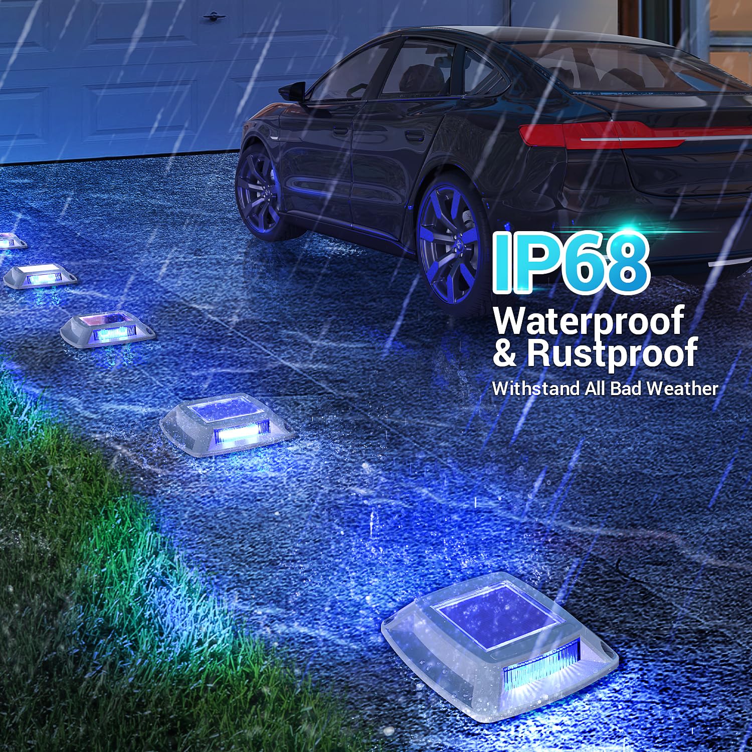 Etetale Solar Driveway Lights - 10 Pack, IP68 Waterproof, 4 LED Blue Dock Markers for Pathway, Garden, Yard, and Marine Use