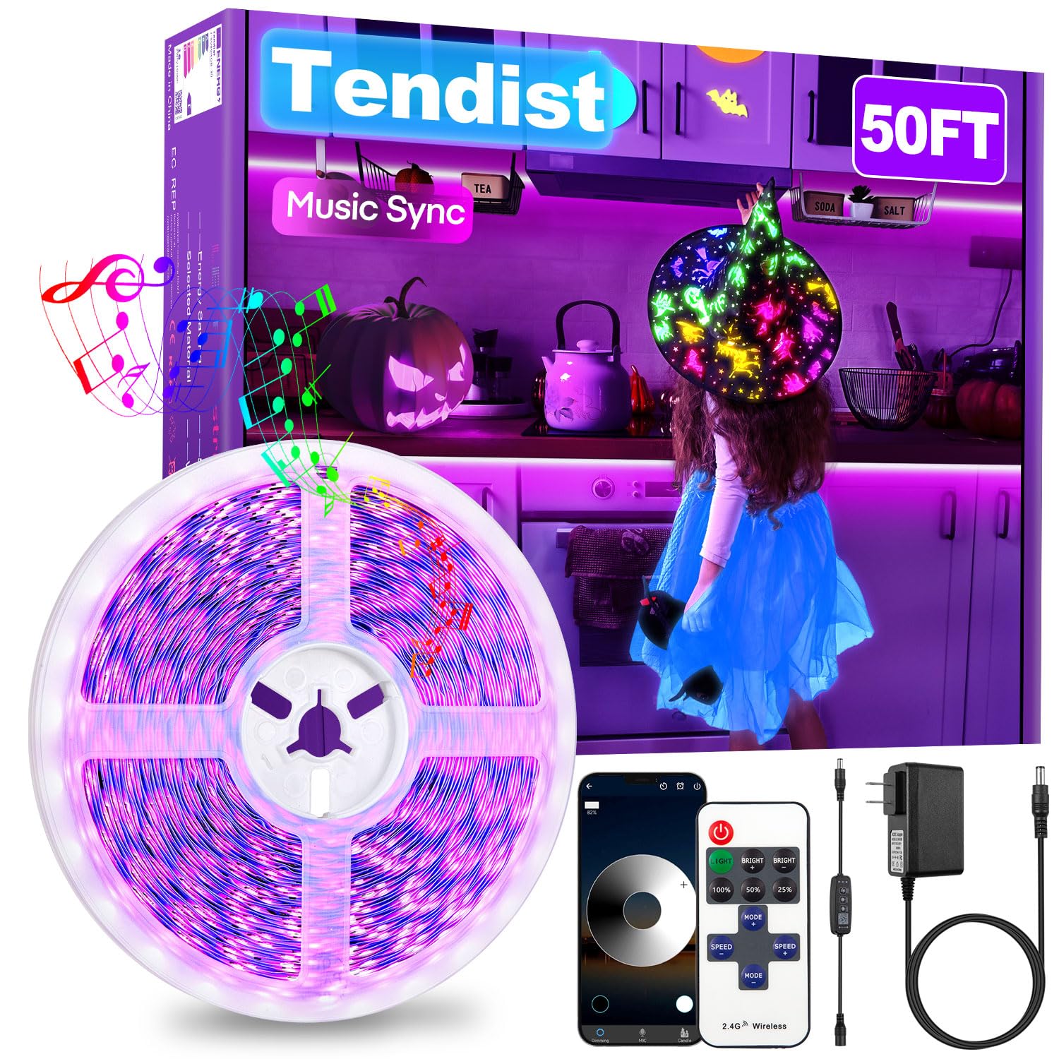 Tendist 50Ft Black Light Led Strip App Control, Black Light For Glow Party With Remote, Smart Purple Neon Blacklight Strip Light