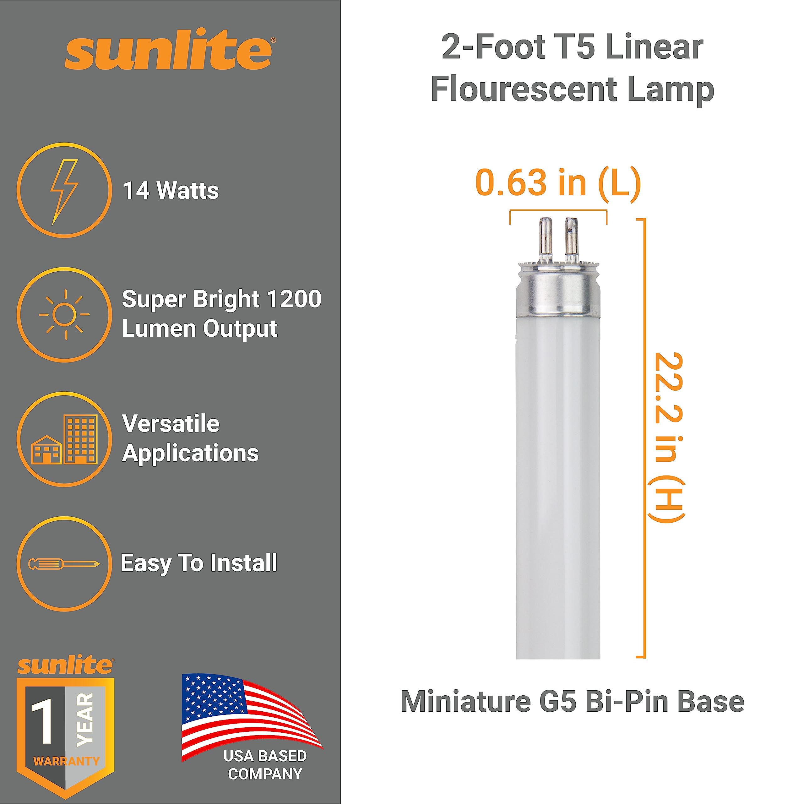 Sunlite T5 Linear Fluorescent Lamp, 14W, 1200 Lumens, 6500K Daylight, Mini G5 Bi-Pin Base, 40 Pack
