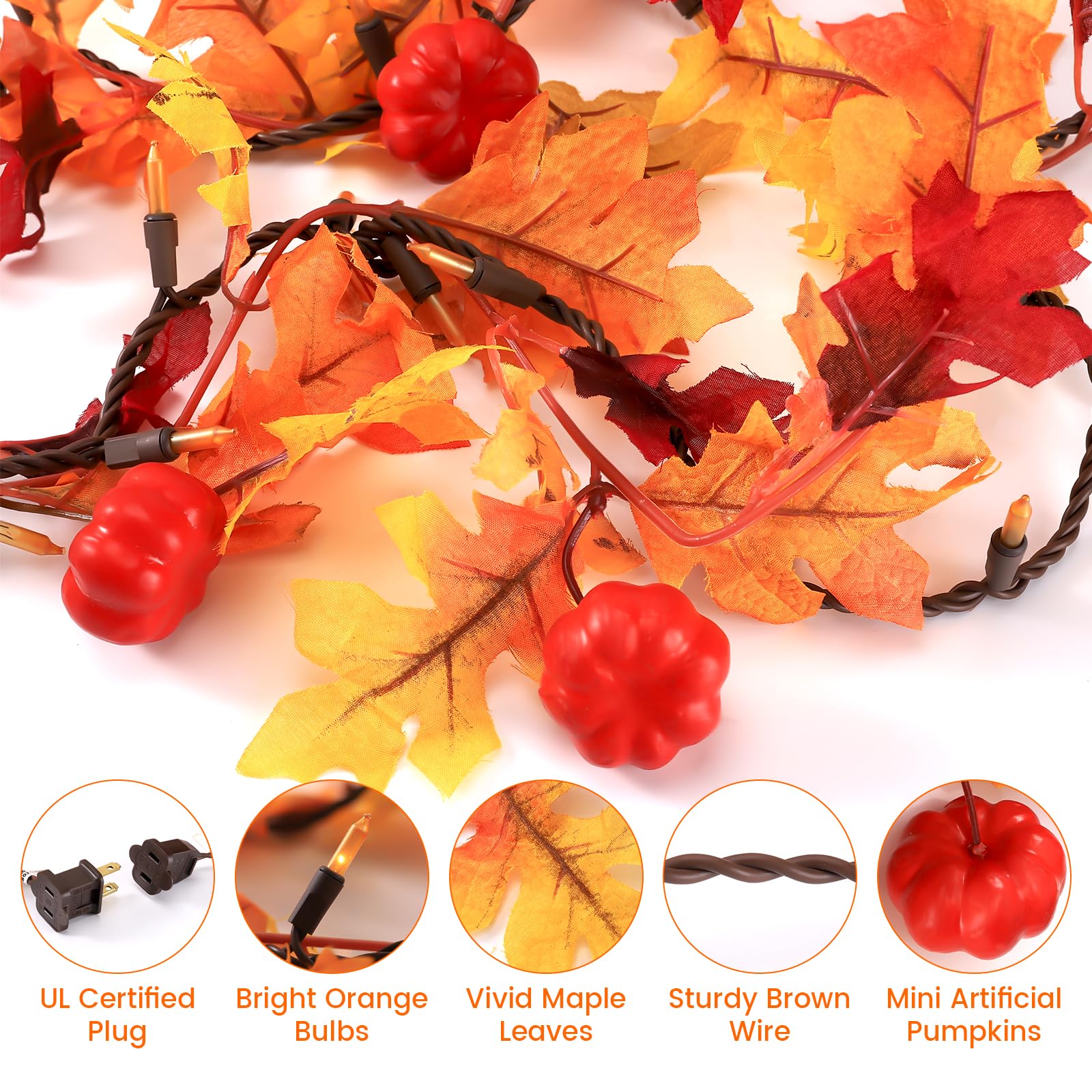 Thanksgiving Decorations Fall Maple Leaf String Lights Plug In, 8Ft Fall Leaves Garland With Lights, 35 Orange Bulbs Lighted Fall Garland Lights For Halloween Garland Outdoor Thanksgiving Décor