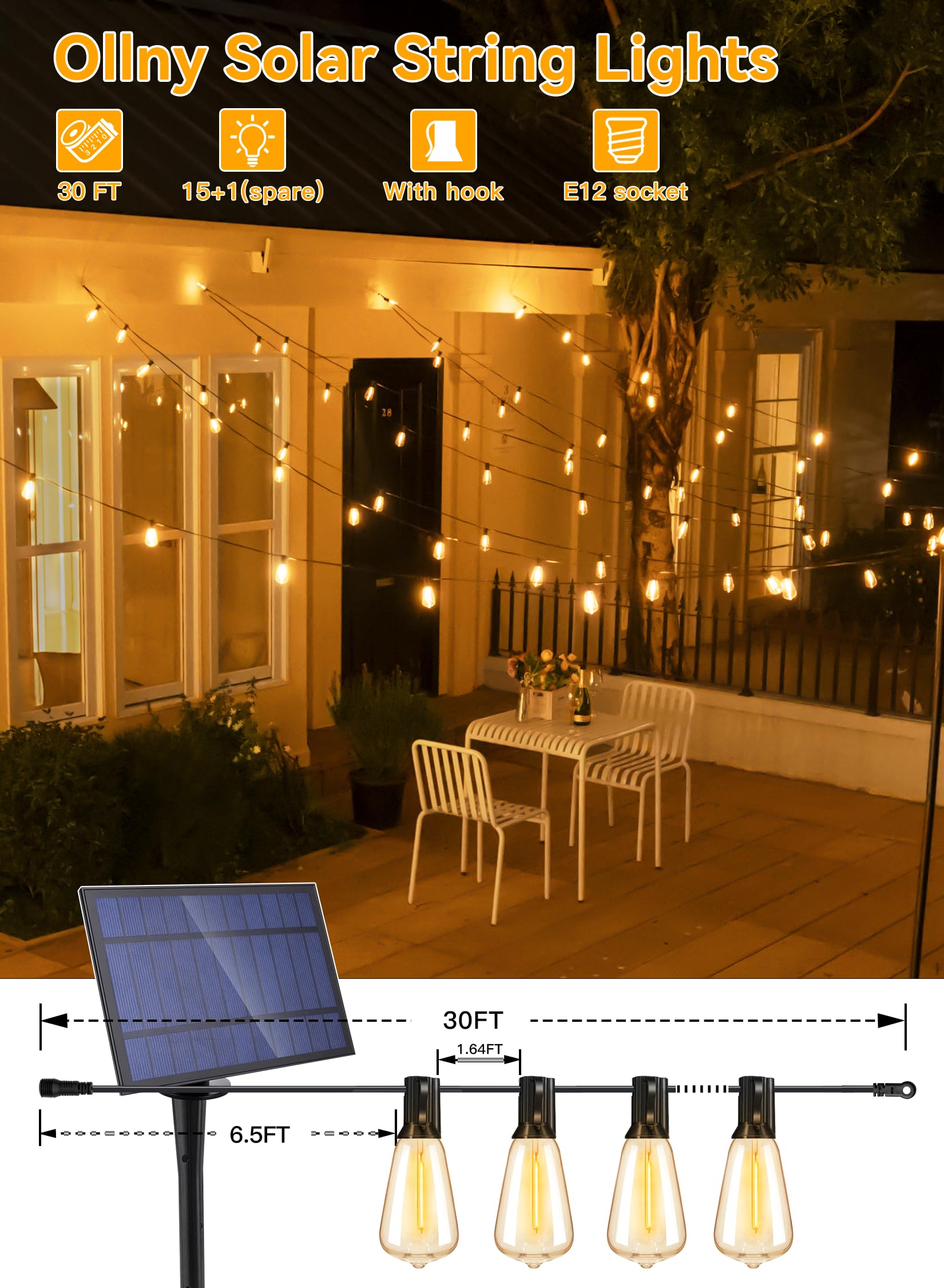 Ollny Solar String Lights, 30FT Warm White, 15+1 LEDs, USB & Solar Charging, 3 Modes, 5 Timers, Waterproof, Model NYD015B